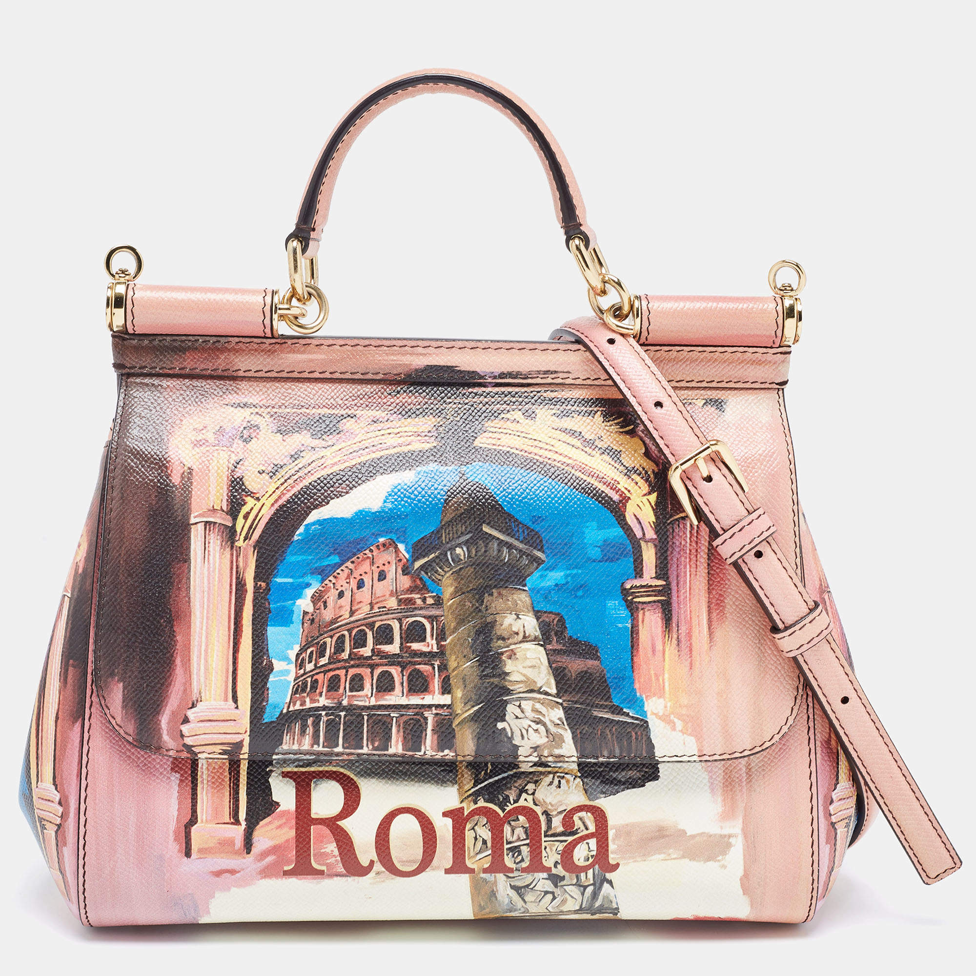 Pre Owned Dolce & Gabbana Multicolor Rome Printed Leather Medium Miss Sicily Top Handle Bag