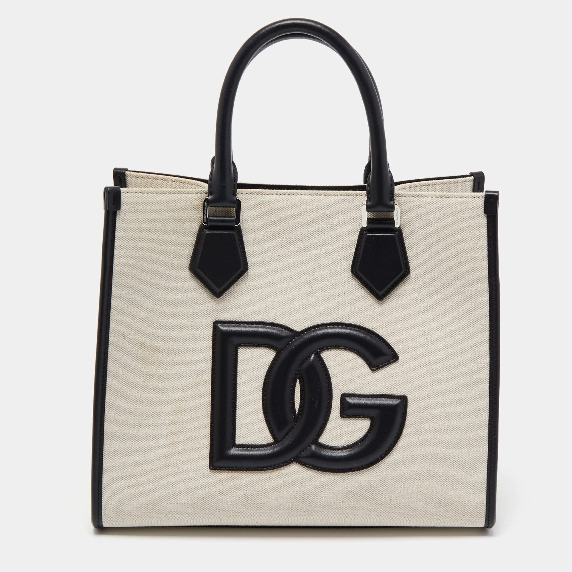 Pre Owned Dolce & Gabbana Off-White/Black Canvas And Leather DG Logo Shopper Tote