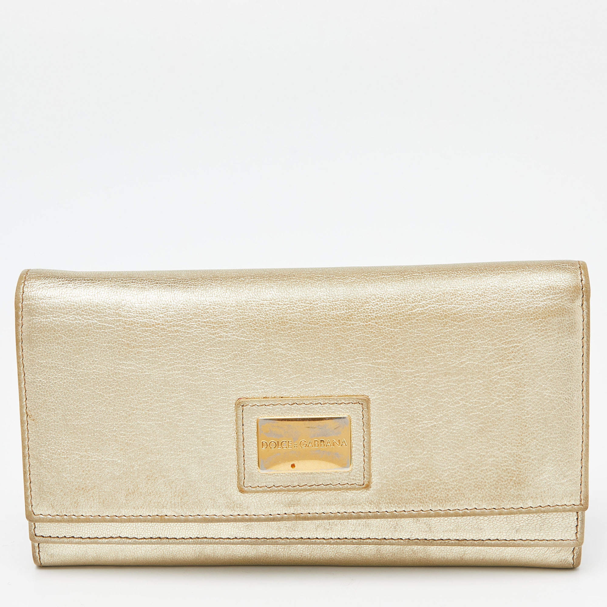 Pre Owned Dolce & Gabbana Gold Leather Continental Wallet