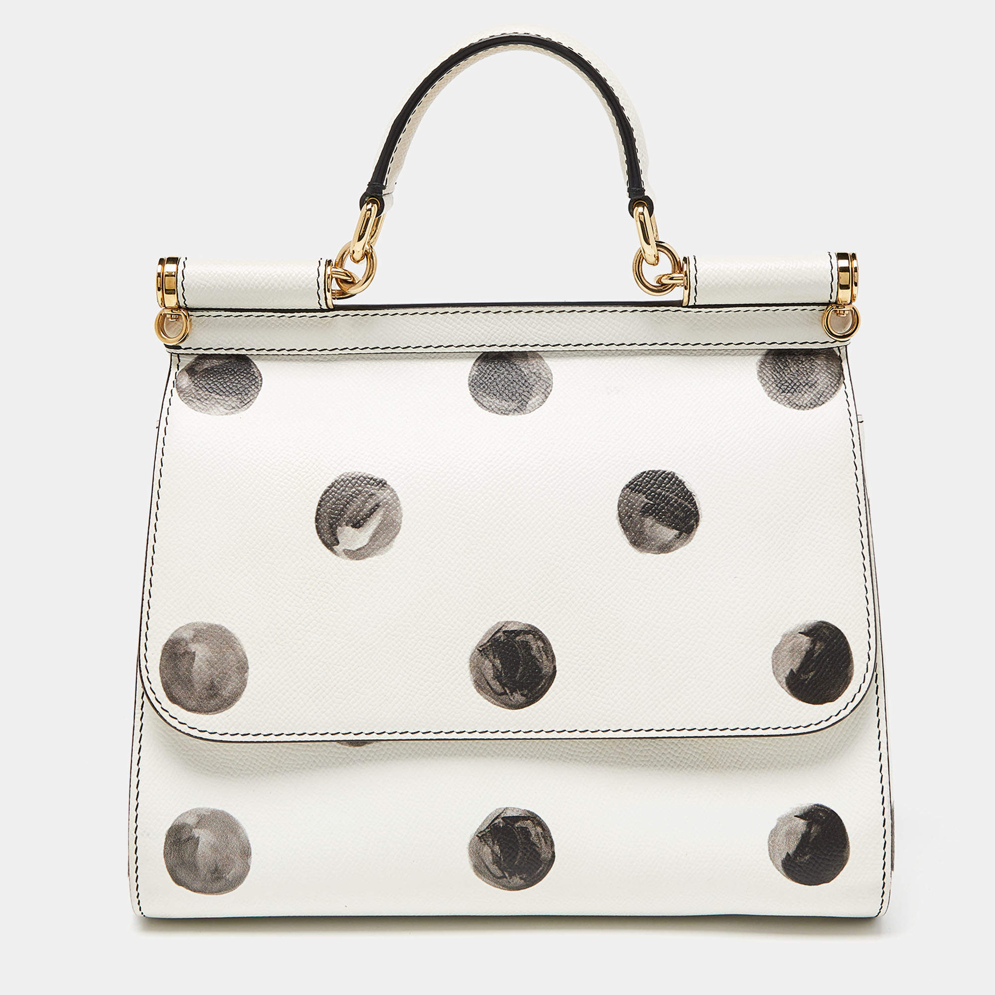 Pre Owned Dolce & Gabbana White/Black Polka Dot Leather Medium Miss Sicily Top Handle Bag