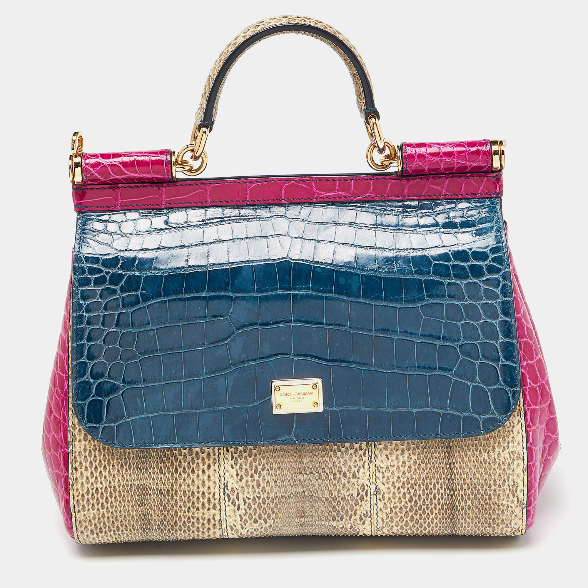 Pre Owned Dolce & Gabbana Multicolor Crocodile,Watersnake Leather and Leather Medium Miss Sicily Top Handle Bag