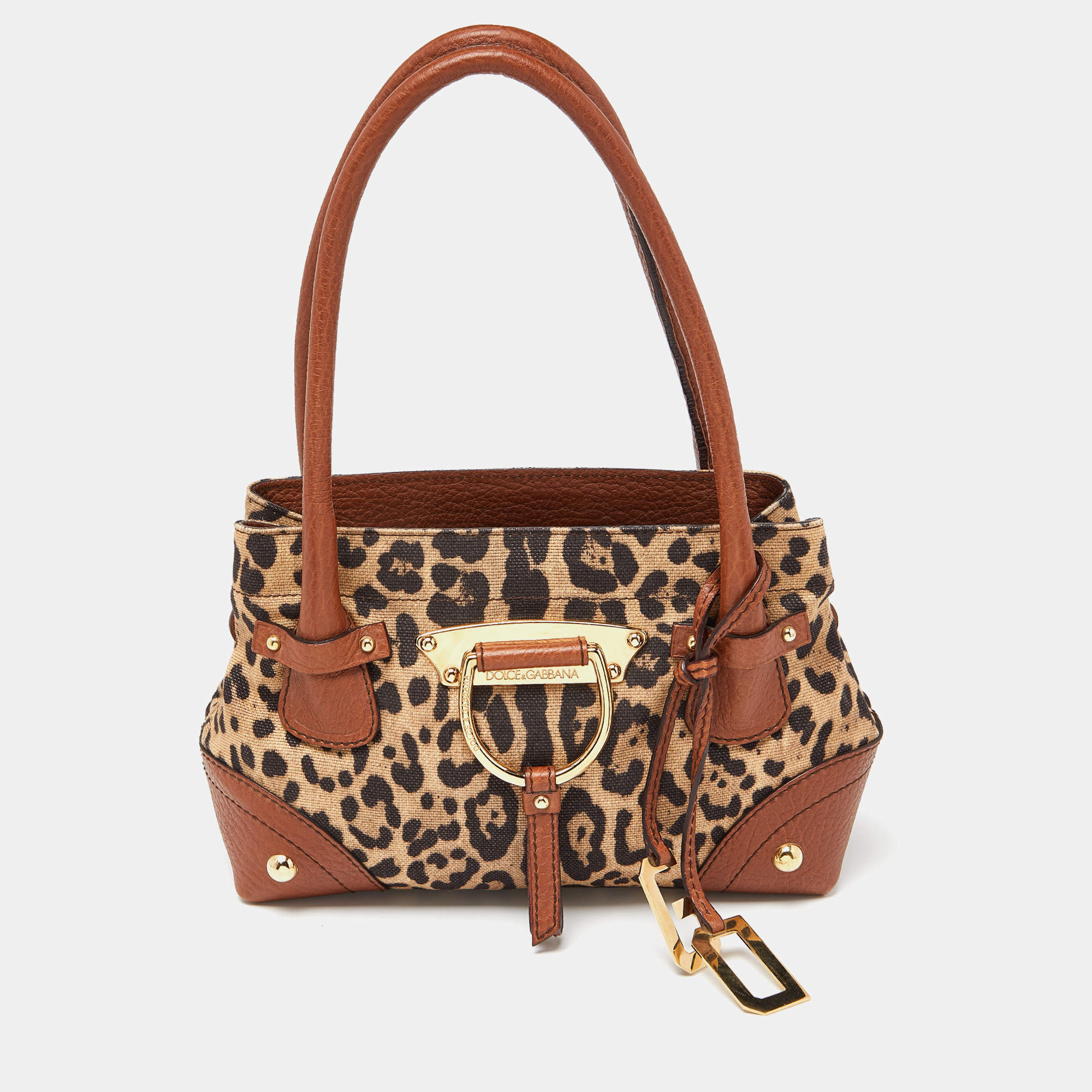 Pre Owned Dolce & Gabbana Beige/Brown Leopard Print Canvas and Leather Satchel