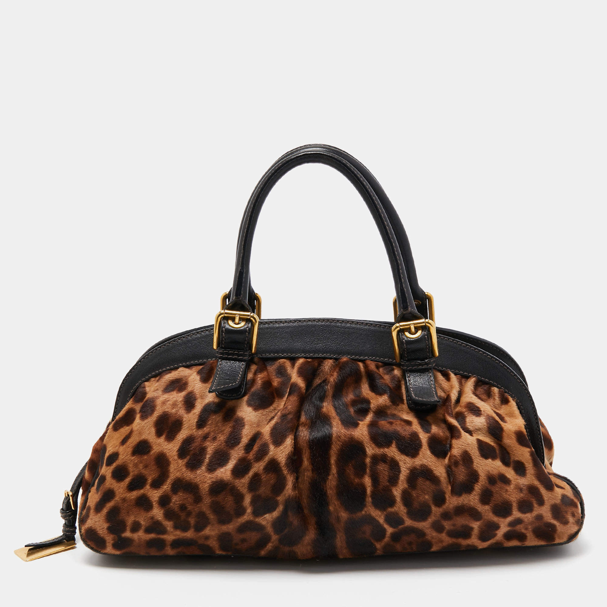 Dolce & Gabbana Black/Brown Leopard Print Calf Hair Frame Satchel