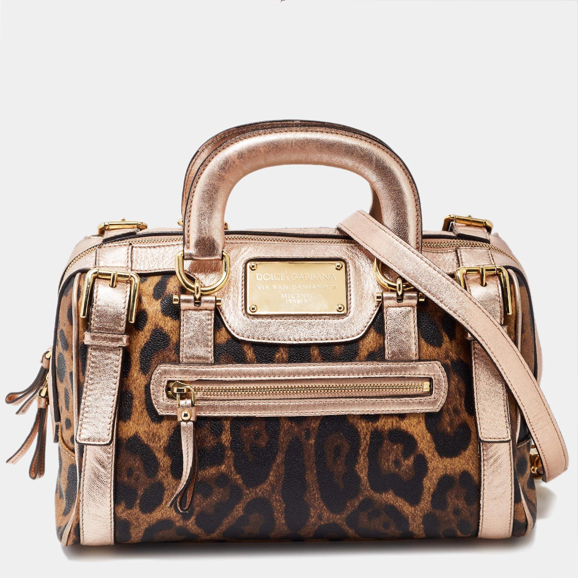 Pre Owned Dolce and Gabbana Brown/Metallic Pink Leopard Print Coated Canvas Miss Easy Way Satchel