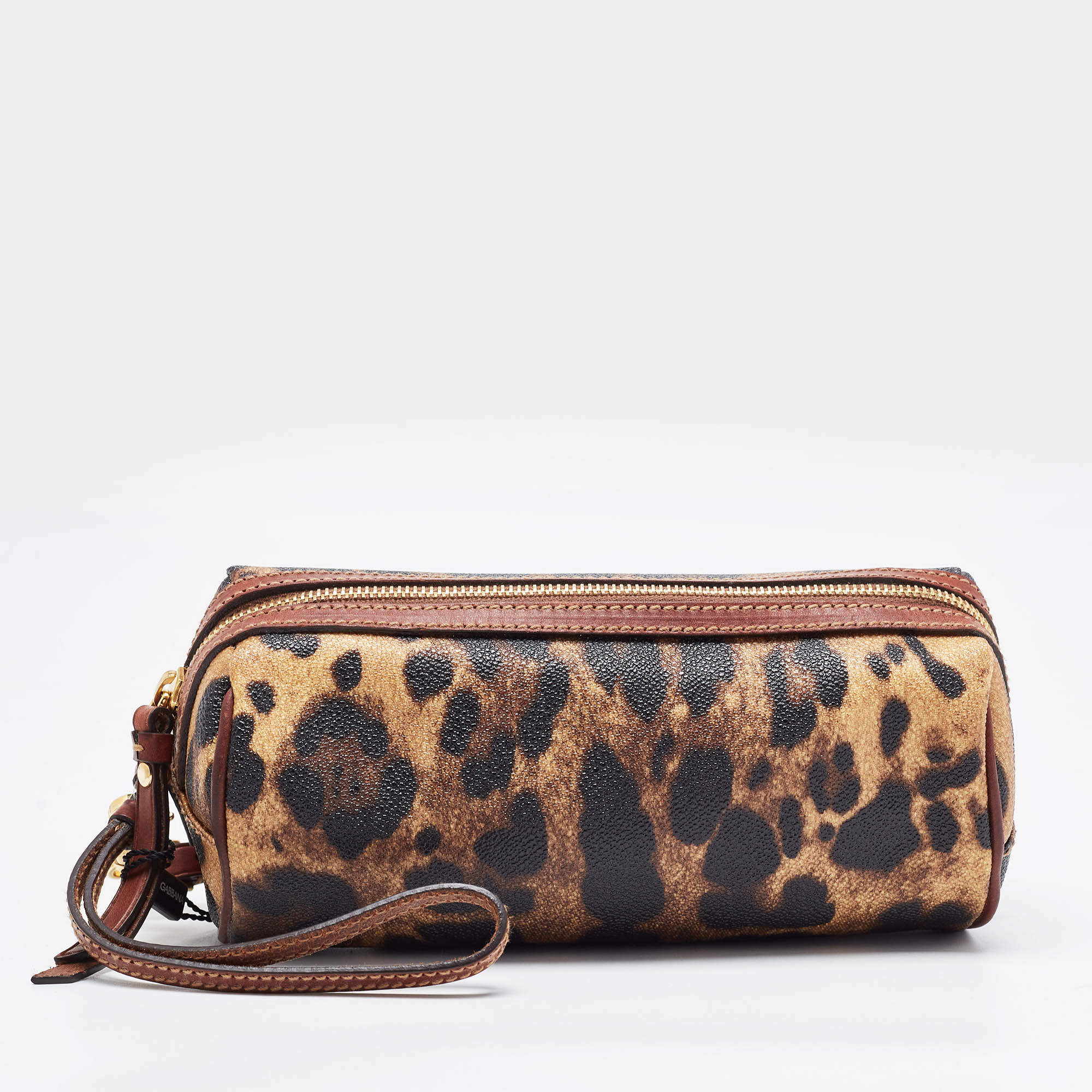 Pre Owned Dolce & Gabbana Brown Leopard Print Coated Canvas and Leather Wristlet Pouch