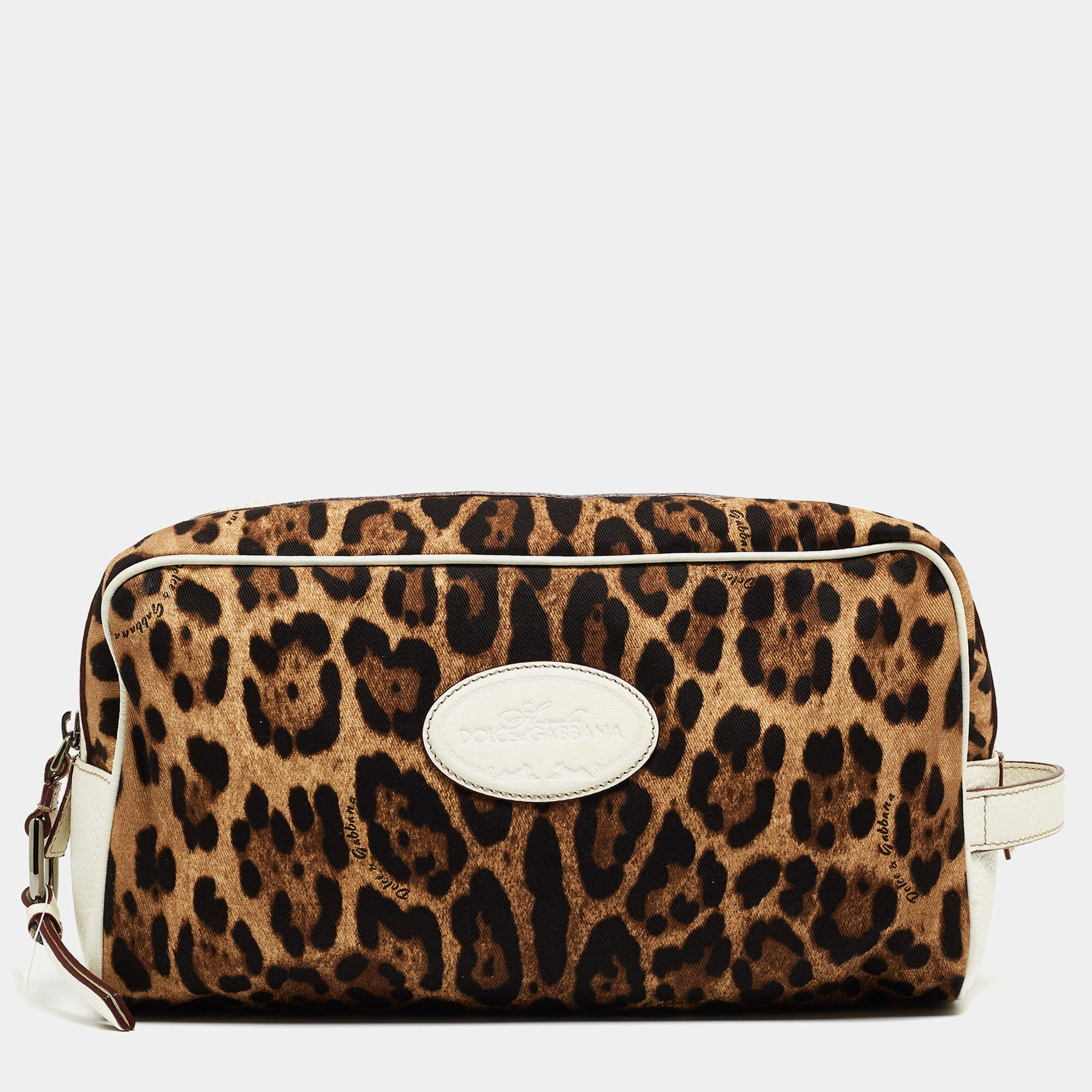 Dolce & Gabbana White/Brown Leopard Print Fabric and Leather Cosmetic Pouch