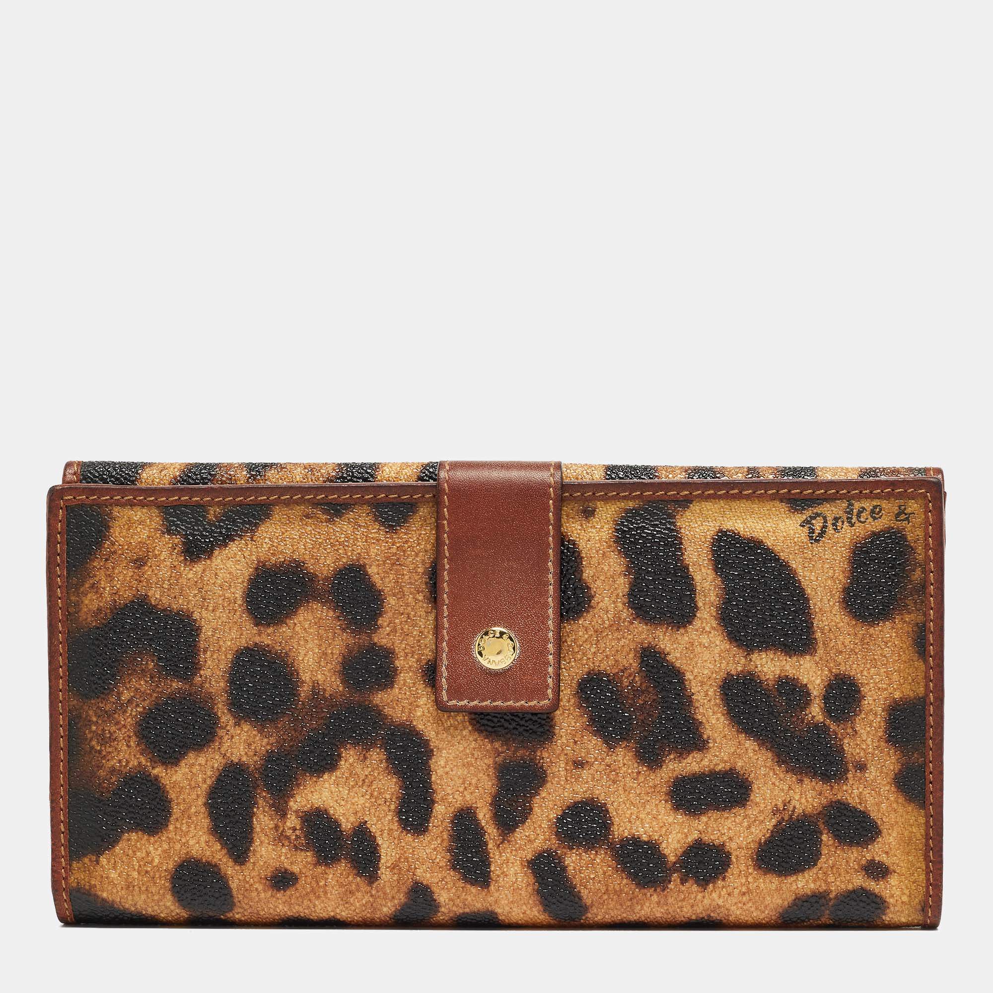 Pre Owned Dolce & Gabbana Brown Leopard Print Coated Canvas Flap Continental Wallet