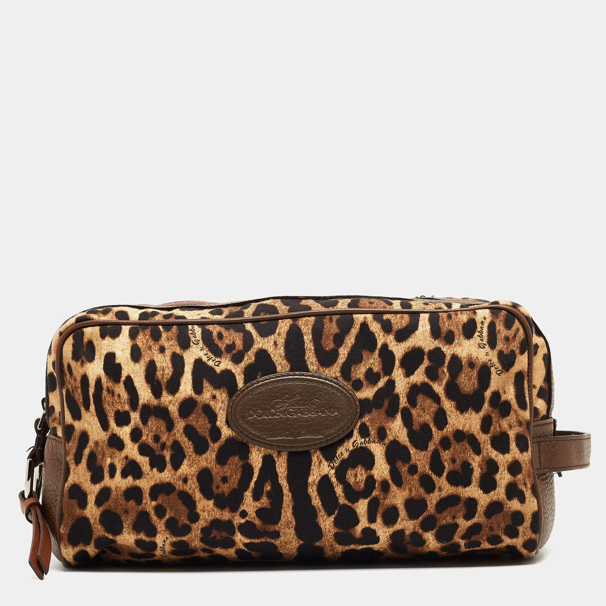 Pre Owned Dolce & Gabbana Brown Leopard Print Fabric and Leather Cosmetic Pouch