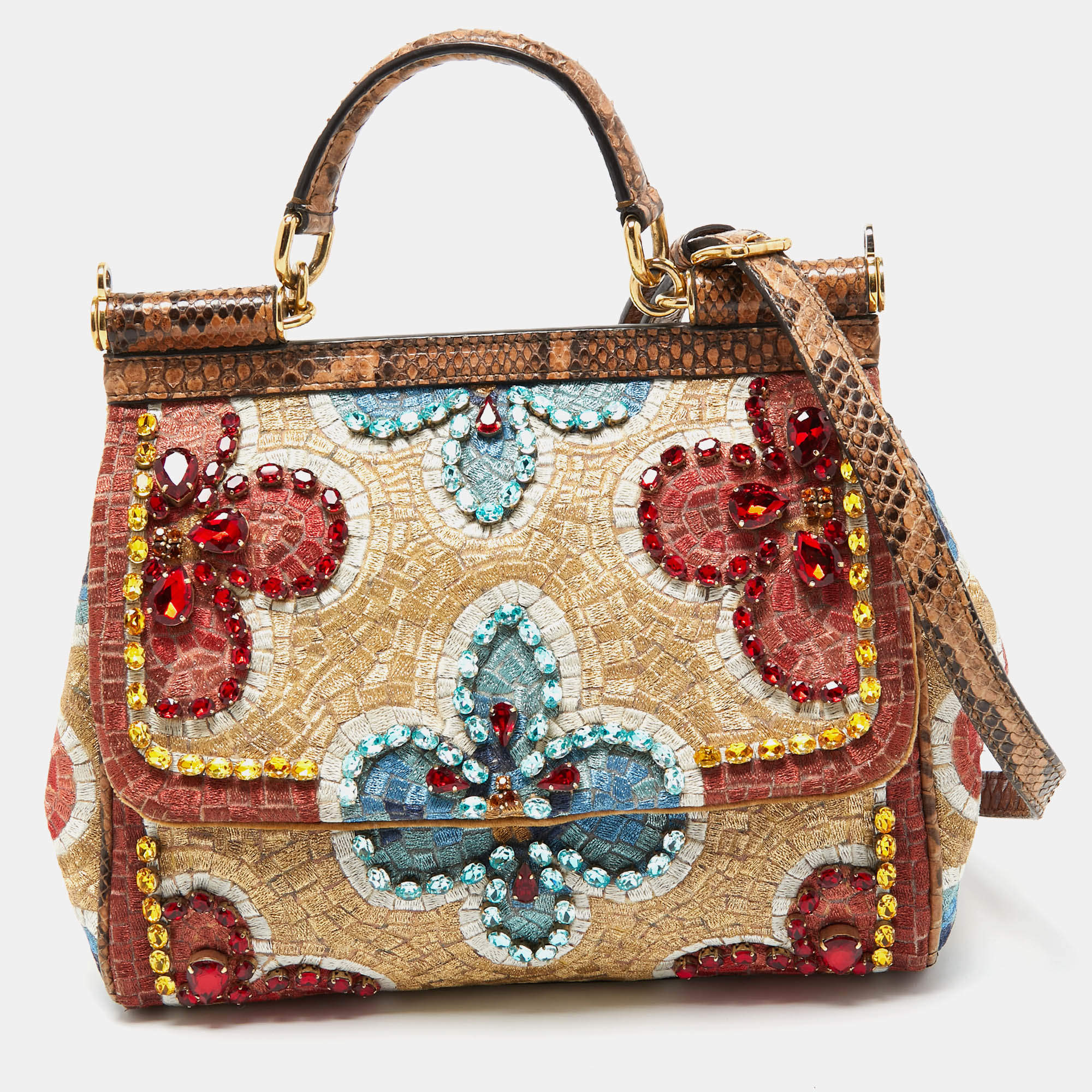 Pre Owned Dolce & Gabbana Multicolor Embroidered Fabric and Python Medium Miss Sicily Top Handle Bag
