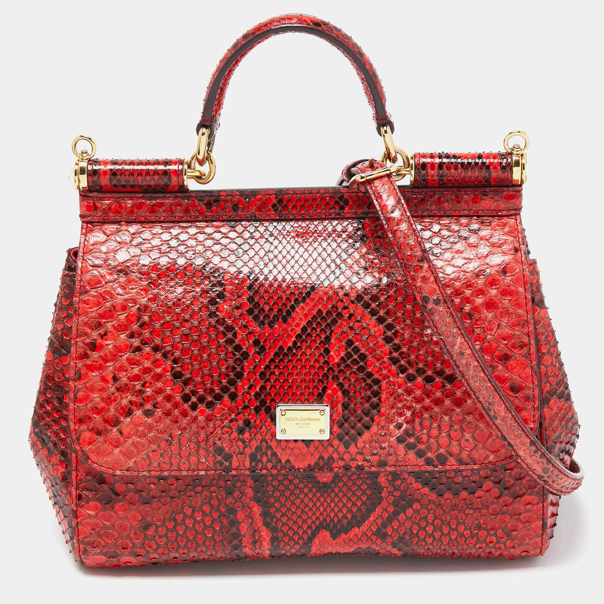 Pre Owned Dolce and Gabbana Red/Black Python Medium Miss Sicily Top Handle Bag