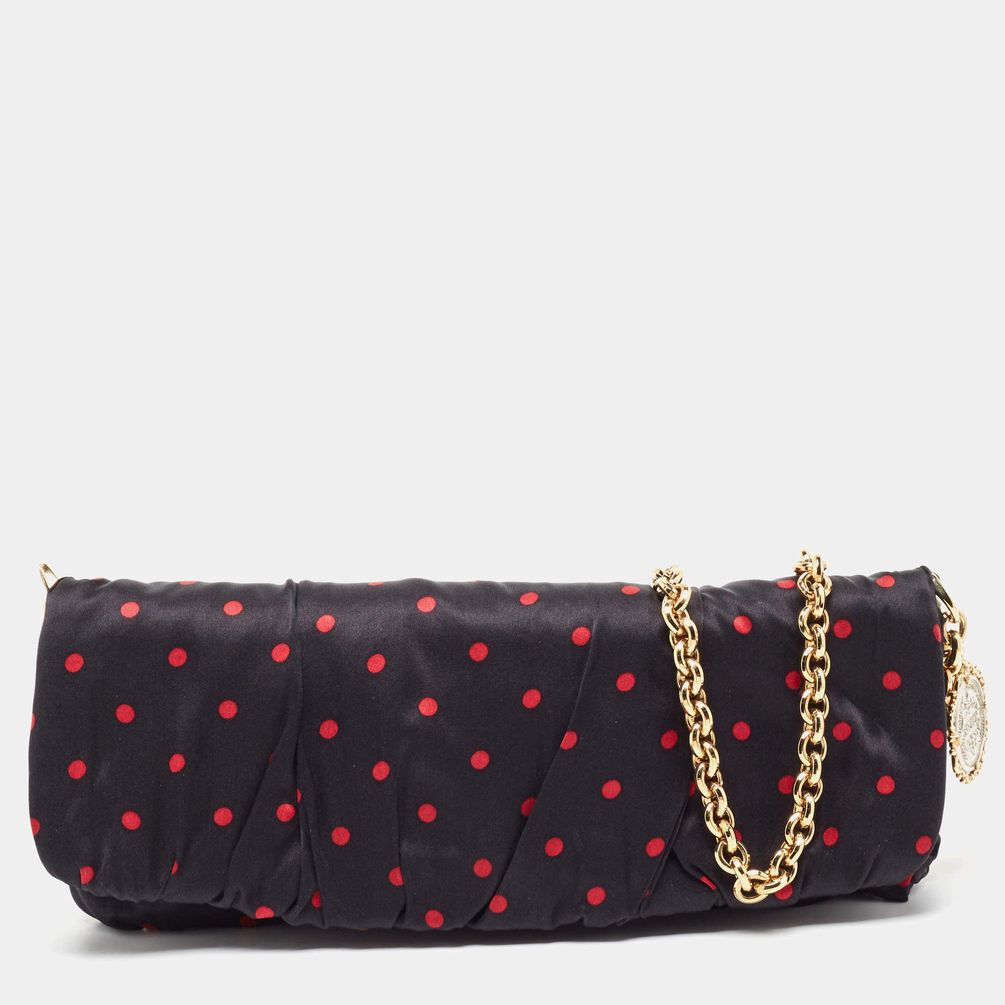 Pre Owned Dolce & Gabbana Black/Red Polka Dot Satin Sicily Chain Clutch