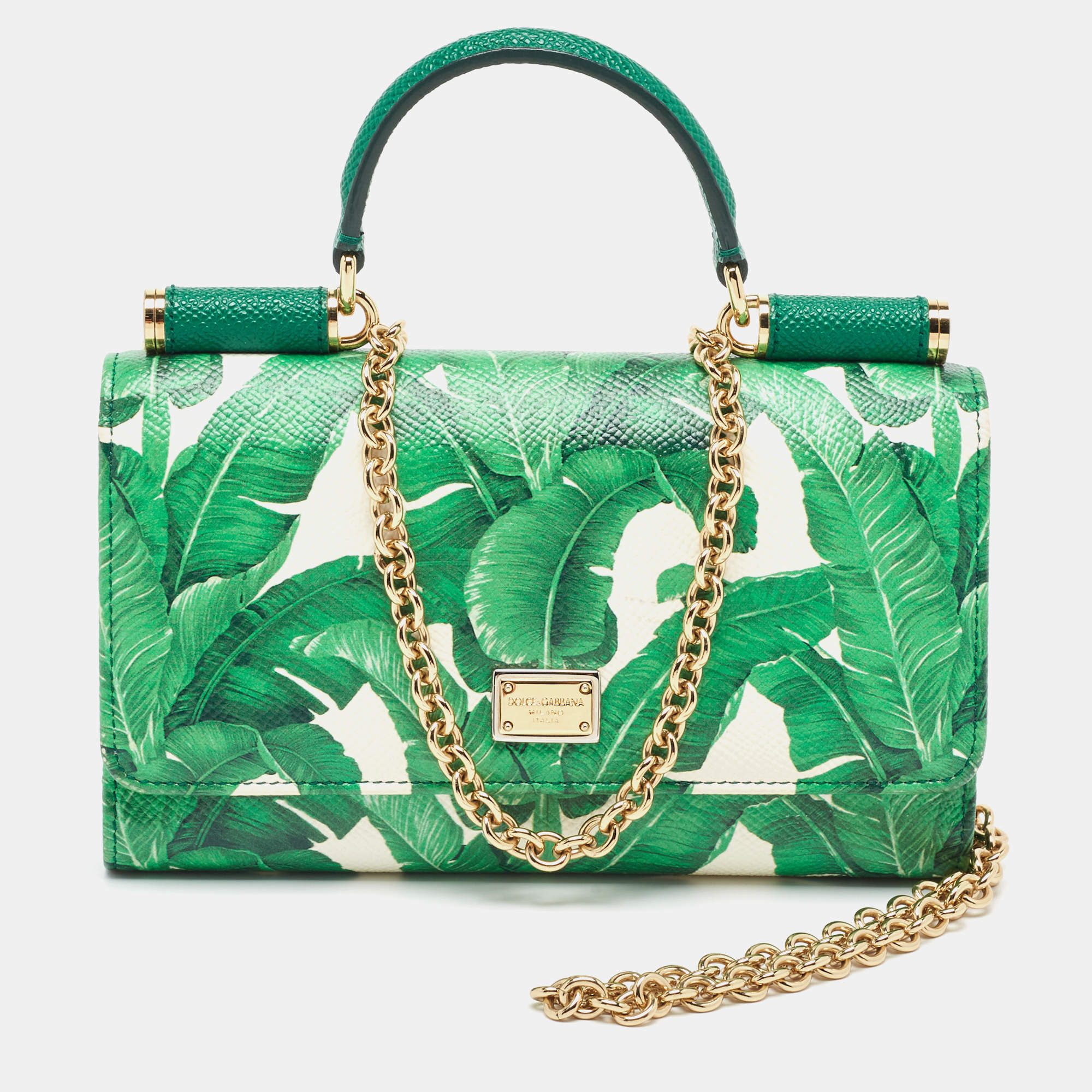 Pre Owned Dolce & Gabbana Green/White Printed Leather Miss Sicily Von Wallet on Chain