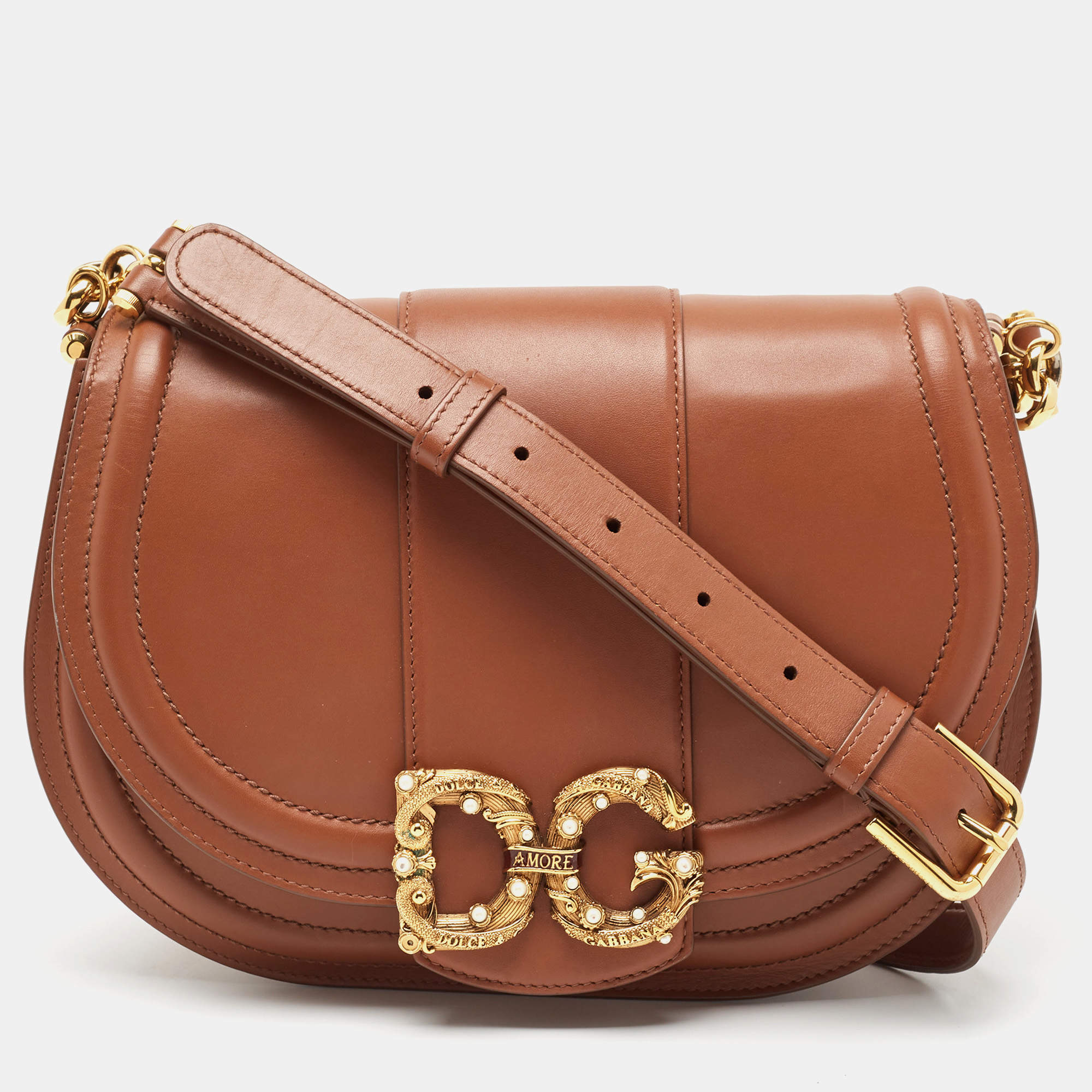 Pre Owned Dolce & Gabbana Brown Leather DG Amore Shoulder Bag