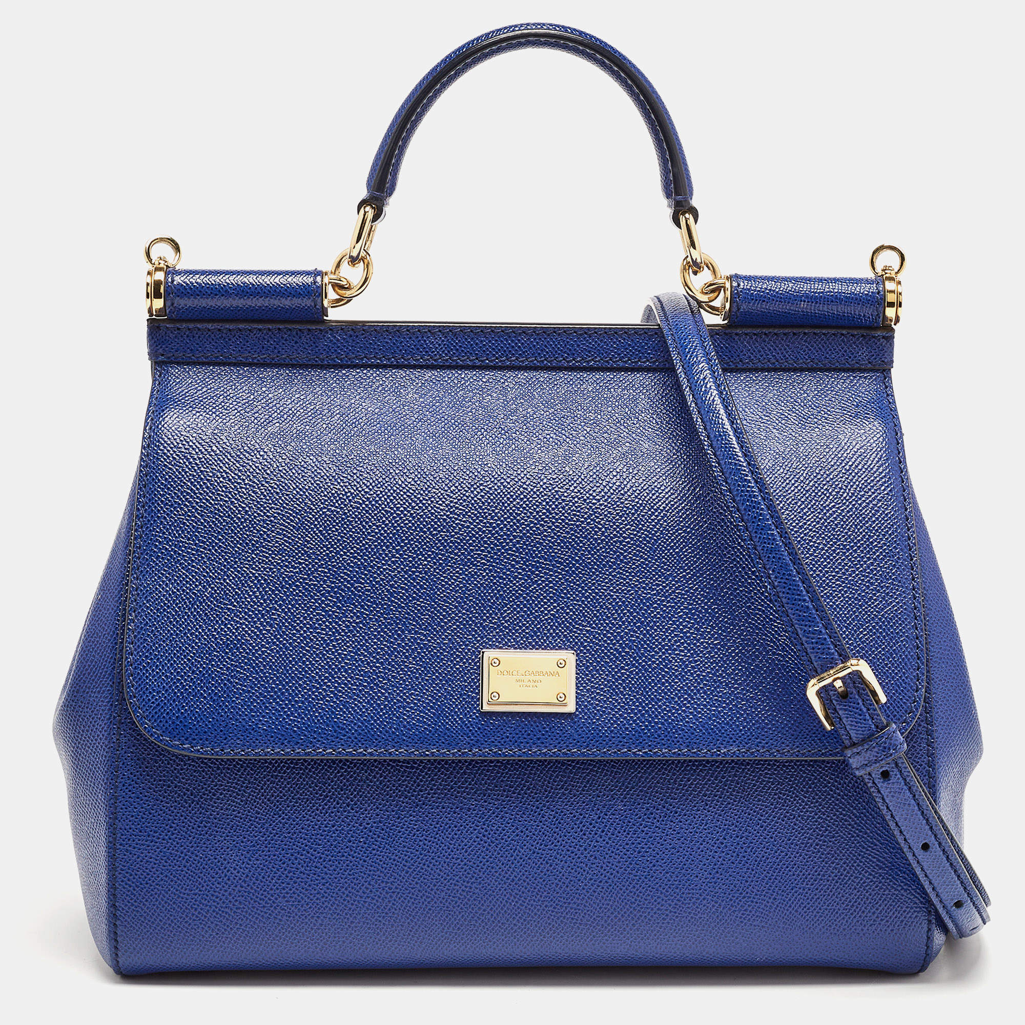 Pre Owned Dolce & Gabbana Blue Leather Regular Miss Sicily Top Handle Bag