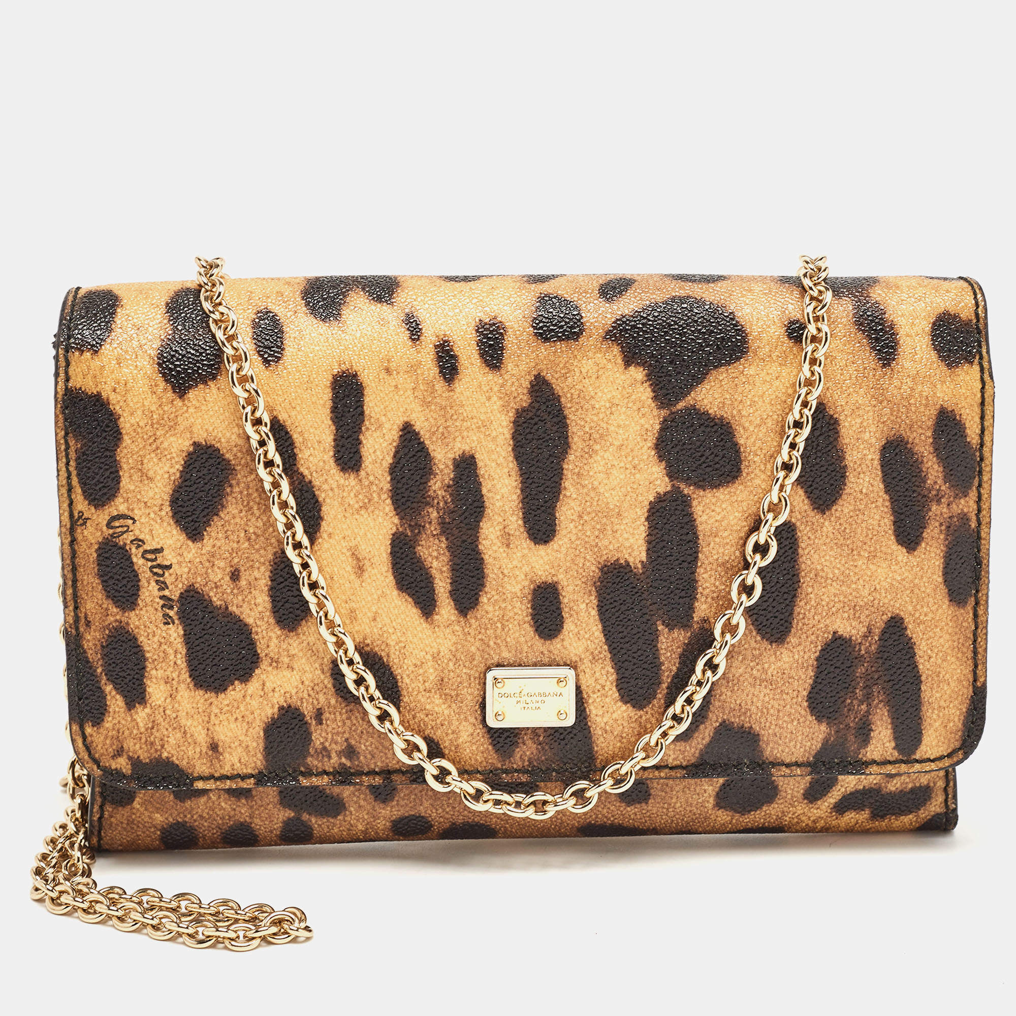 Pre Owned Dolce & Gabbana Brown/Black Leopard Print Coated Canvas Flap Chain Clutch
