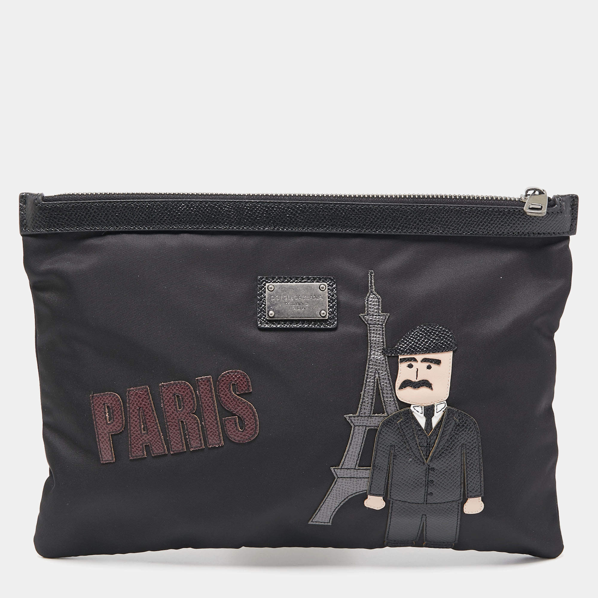 Pre Owned Dolce & Gabbana Black Nylon and Leather Patchwork Zip Pouch