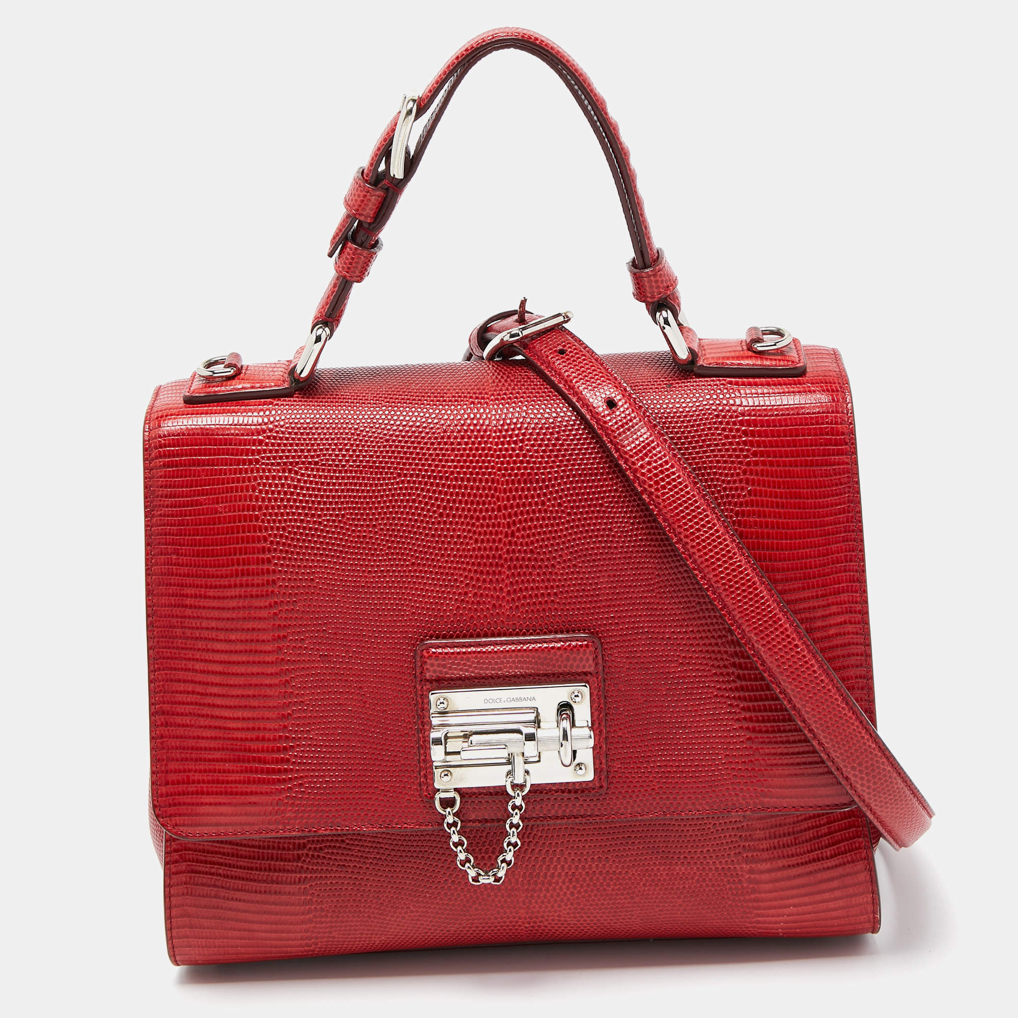 Pre Owned حقيبة دولتشي أند غابانا ميس مونيكا جلد نقشة السحلية أحمر متوسطة بيد علوية 