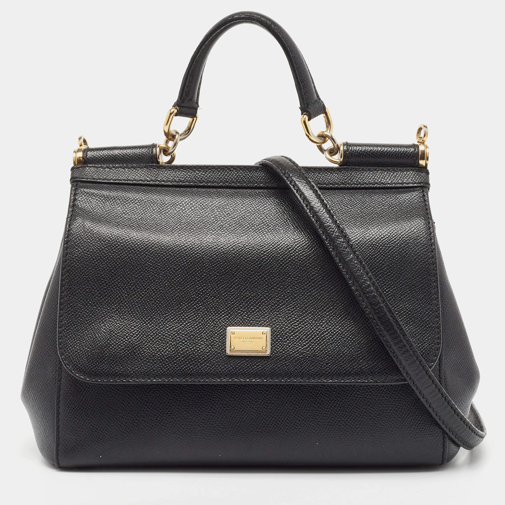 Pre Owned Dolce & Gabbana Black Leather Medium Miss Sicily Top Handle Bag