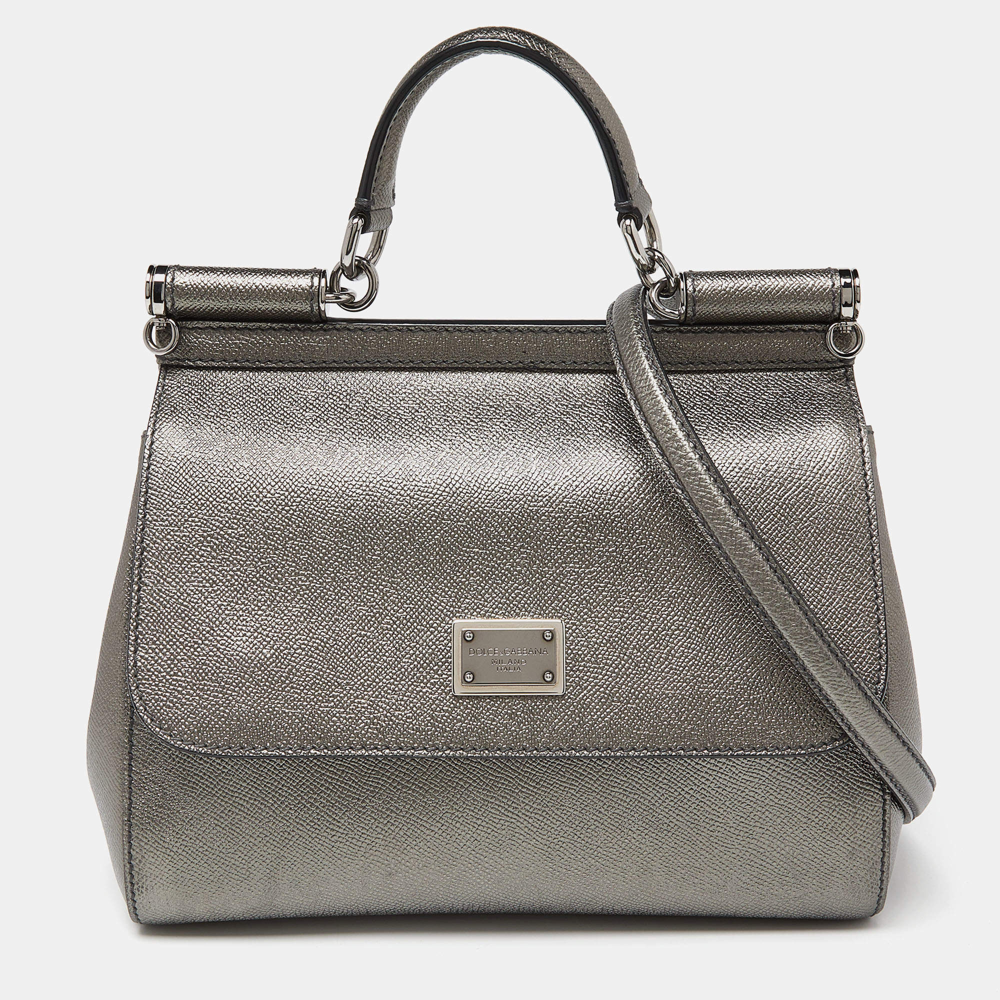Pre Owned Dolce & Gabbana Metallic Leather Medium Miss Sicily Top Handle Bag