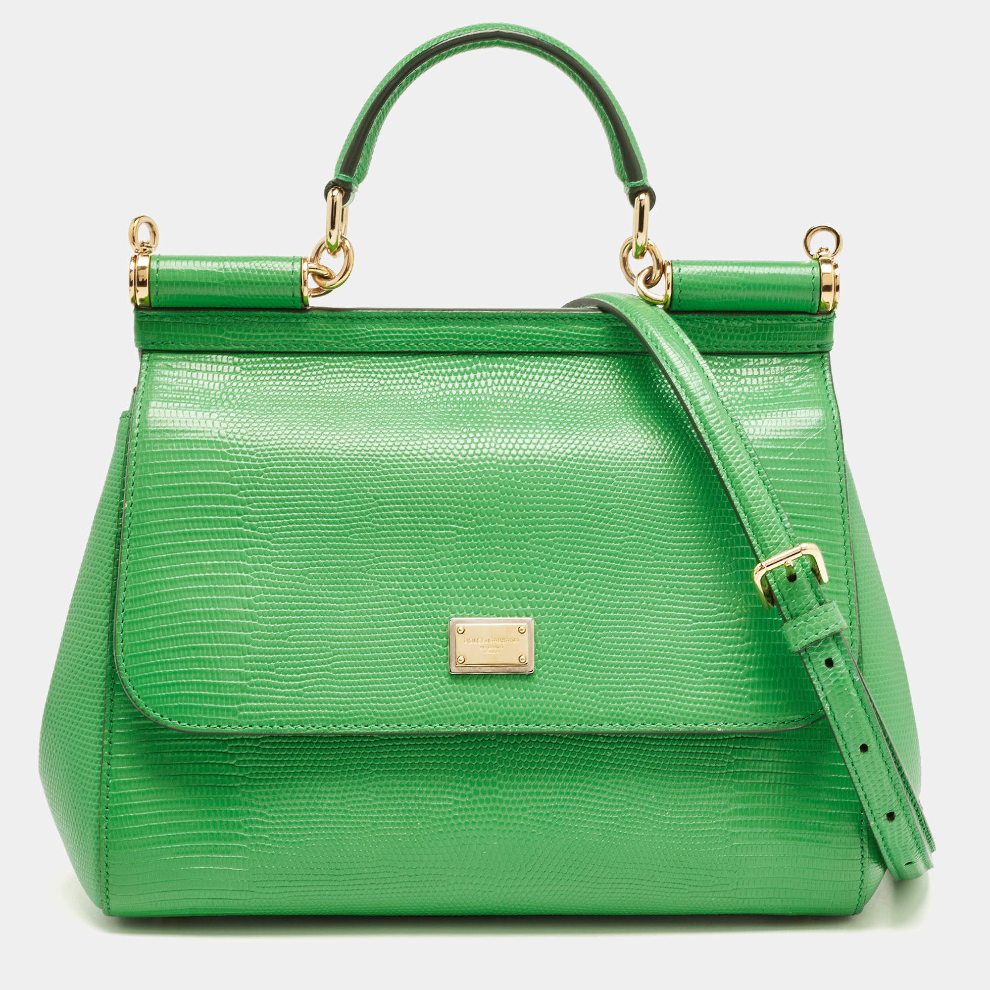 Pre Owned Dolce & Gabbana Green Leather Medium Miss Sicily Top Handle Bag
