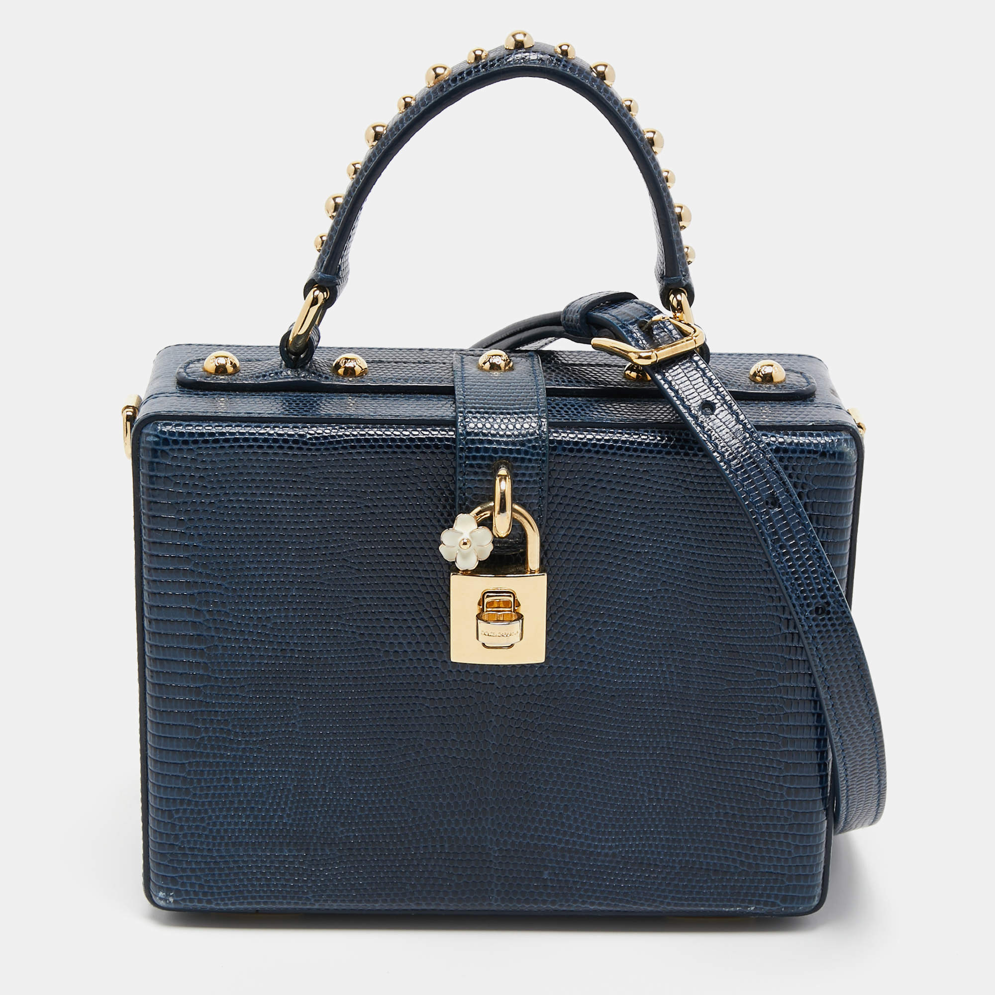 Pre Owned Dolce & Gabbana Blue Lizard Embossed Leather Rosaria Box Top Handle Bag