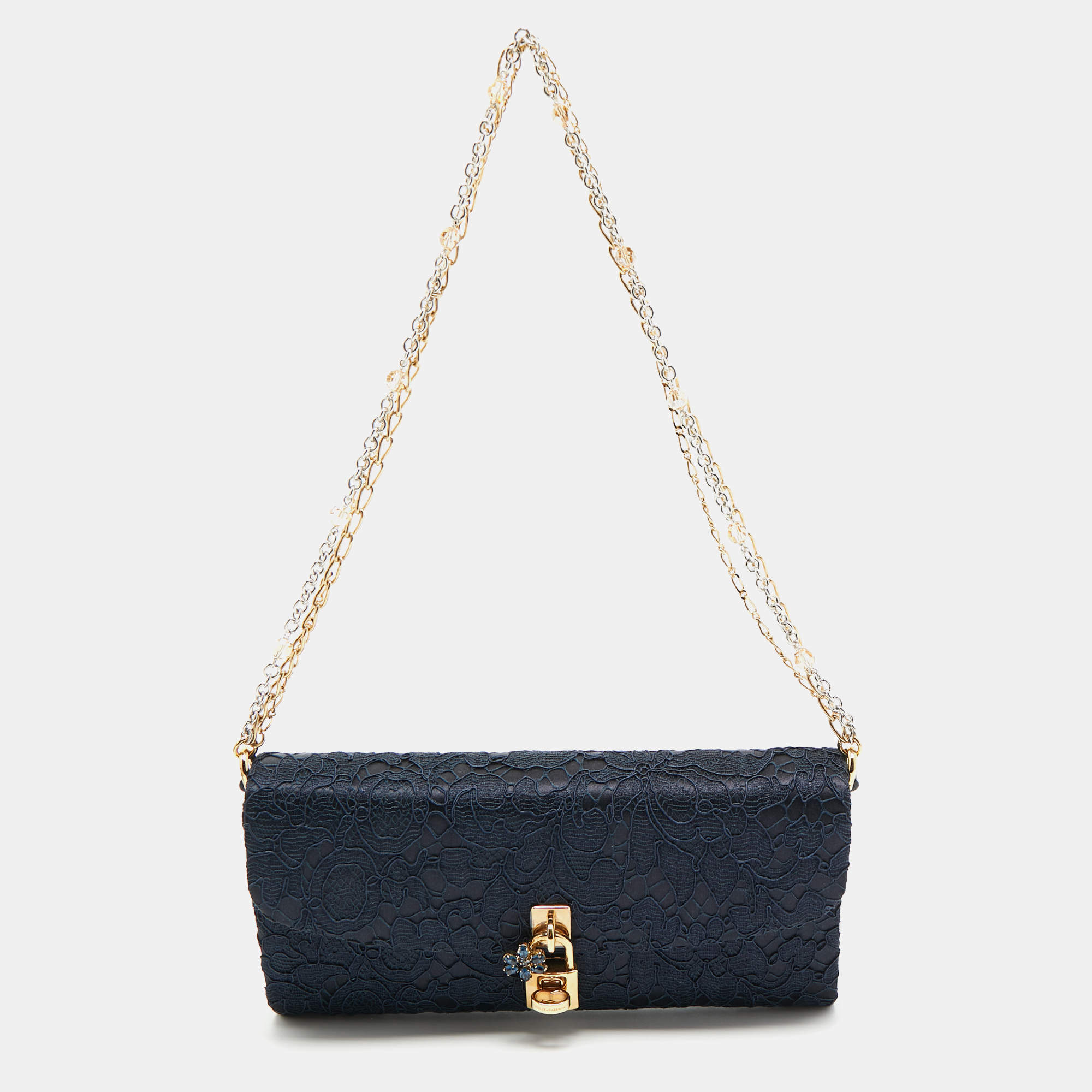 Dolce & Gabbana Navy Blue Lace and Satin Padlock Chain Clutch