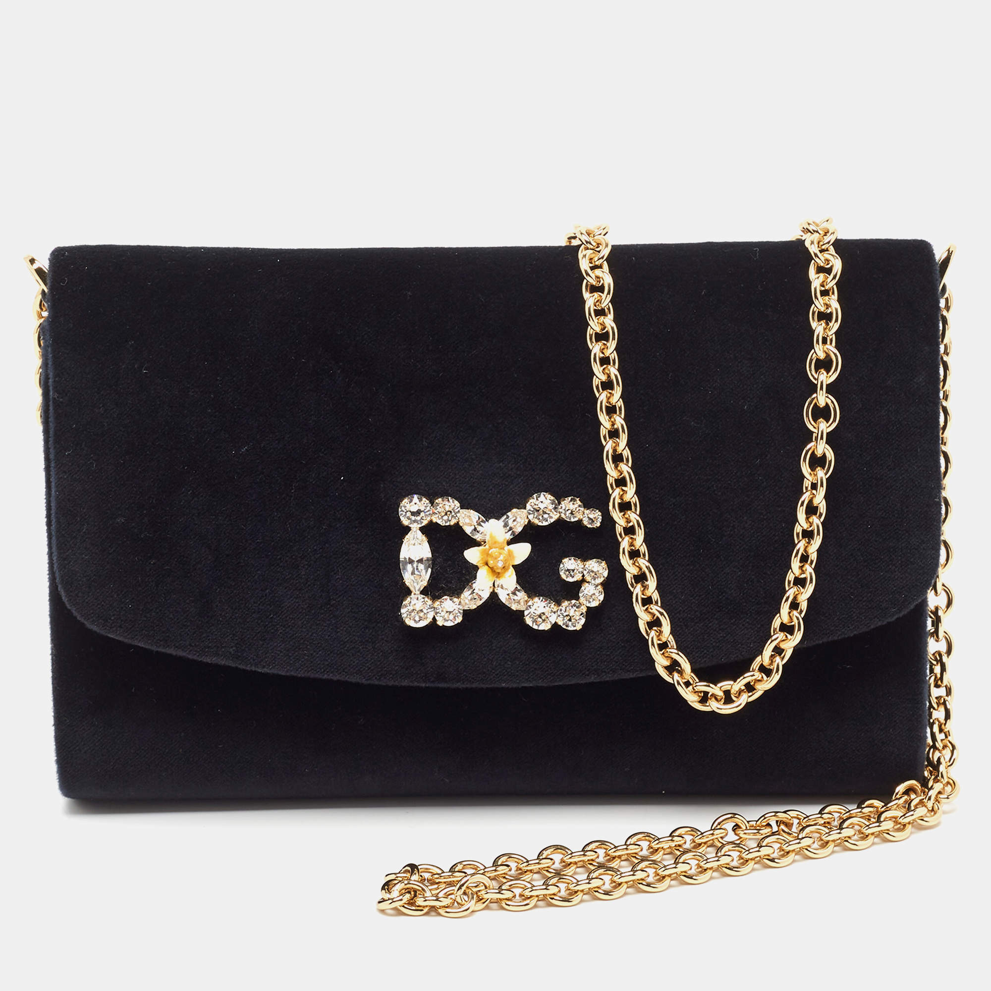 Dolce & Gabbana Black Velvet Crystal Logo Chain Clutch