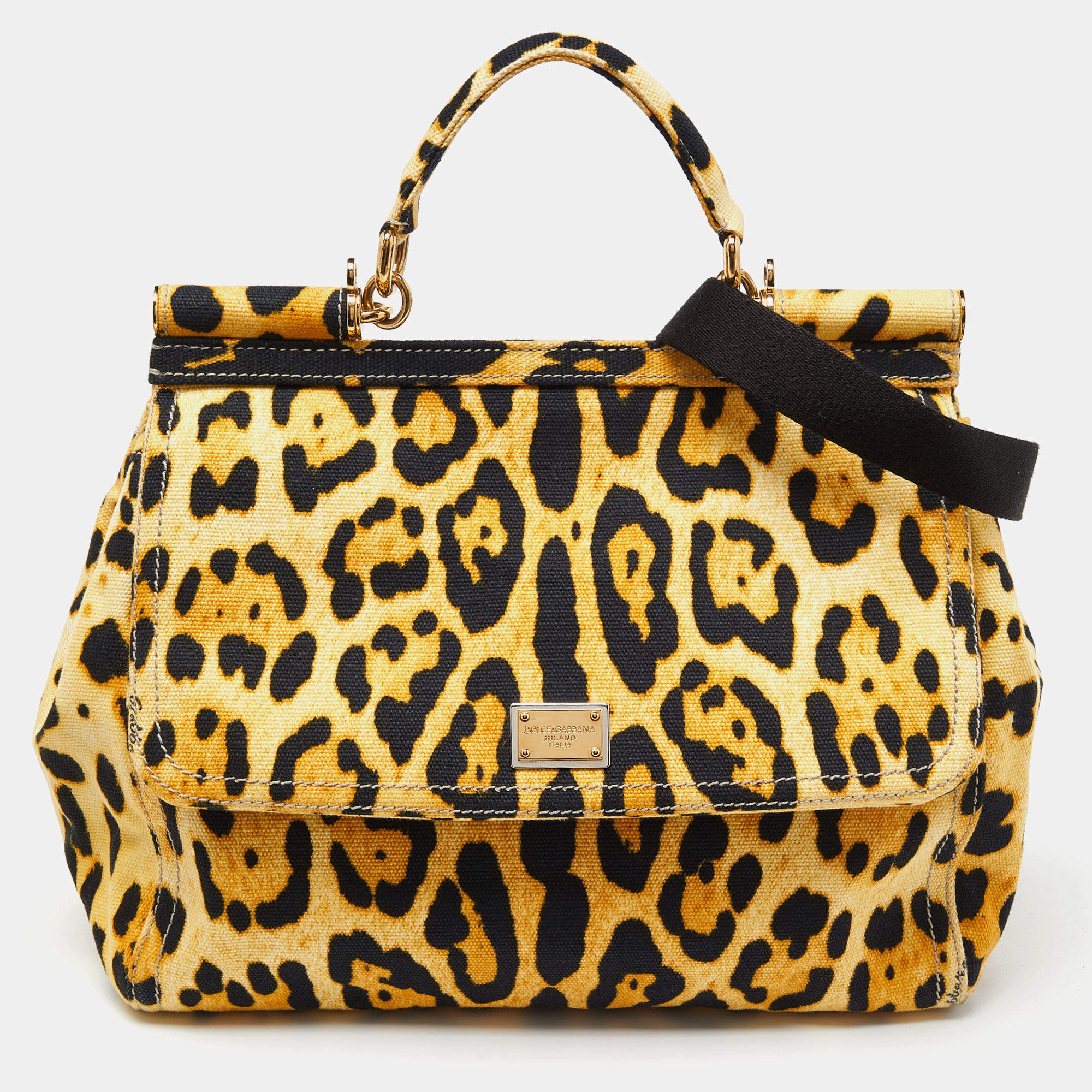 Pre Owned Dolce & Gabbana Beige/Black Leopard Print Canvas Large Miss Sicily Top Handle Bag