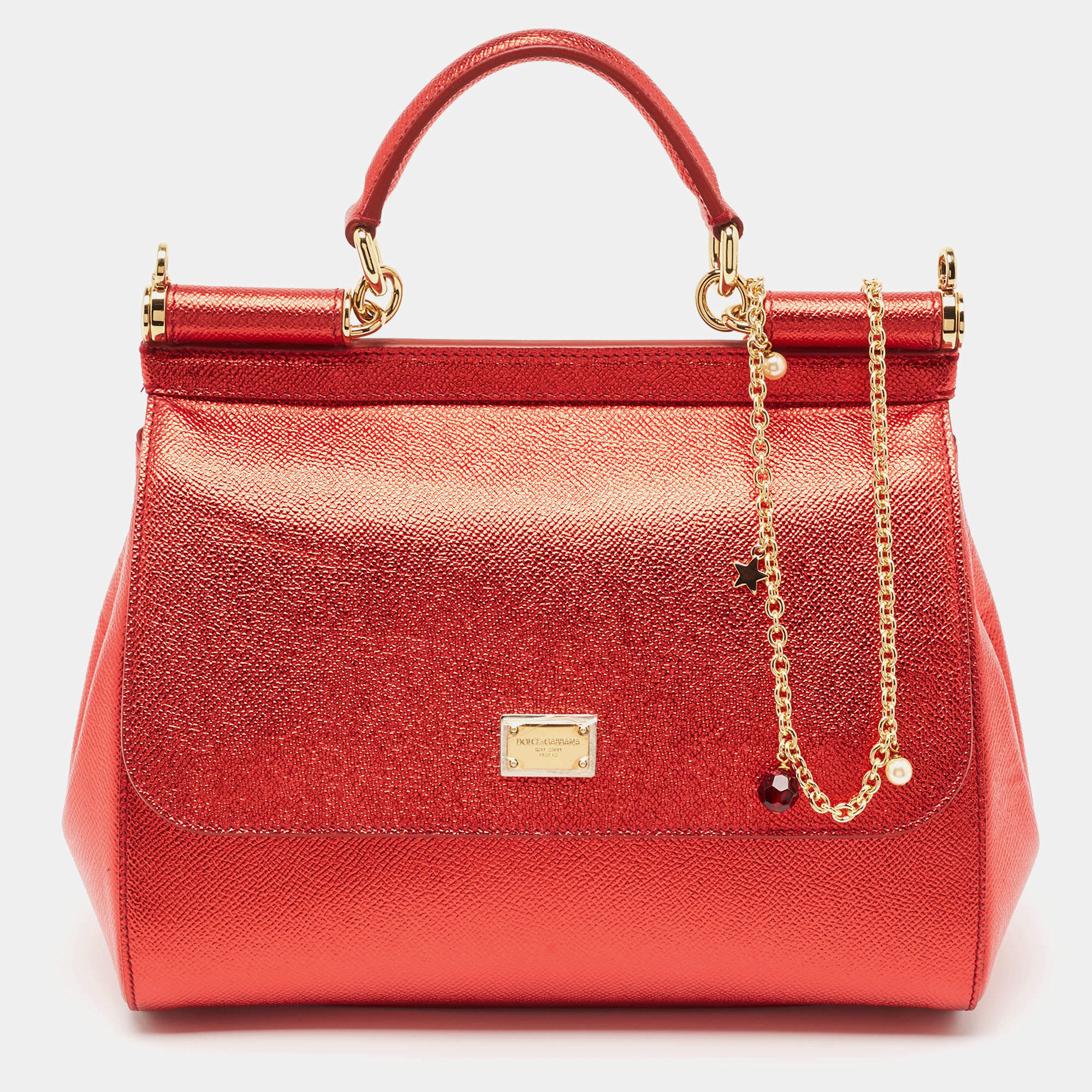 Pre Owned Dolce & Gabbana Red Leather Medium Miss Sicily Top Handle Bag