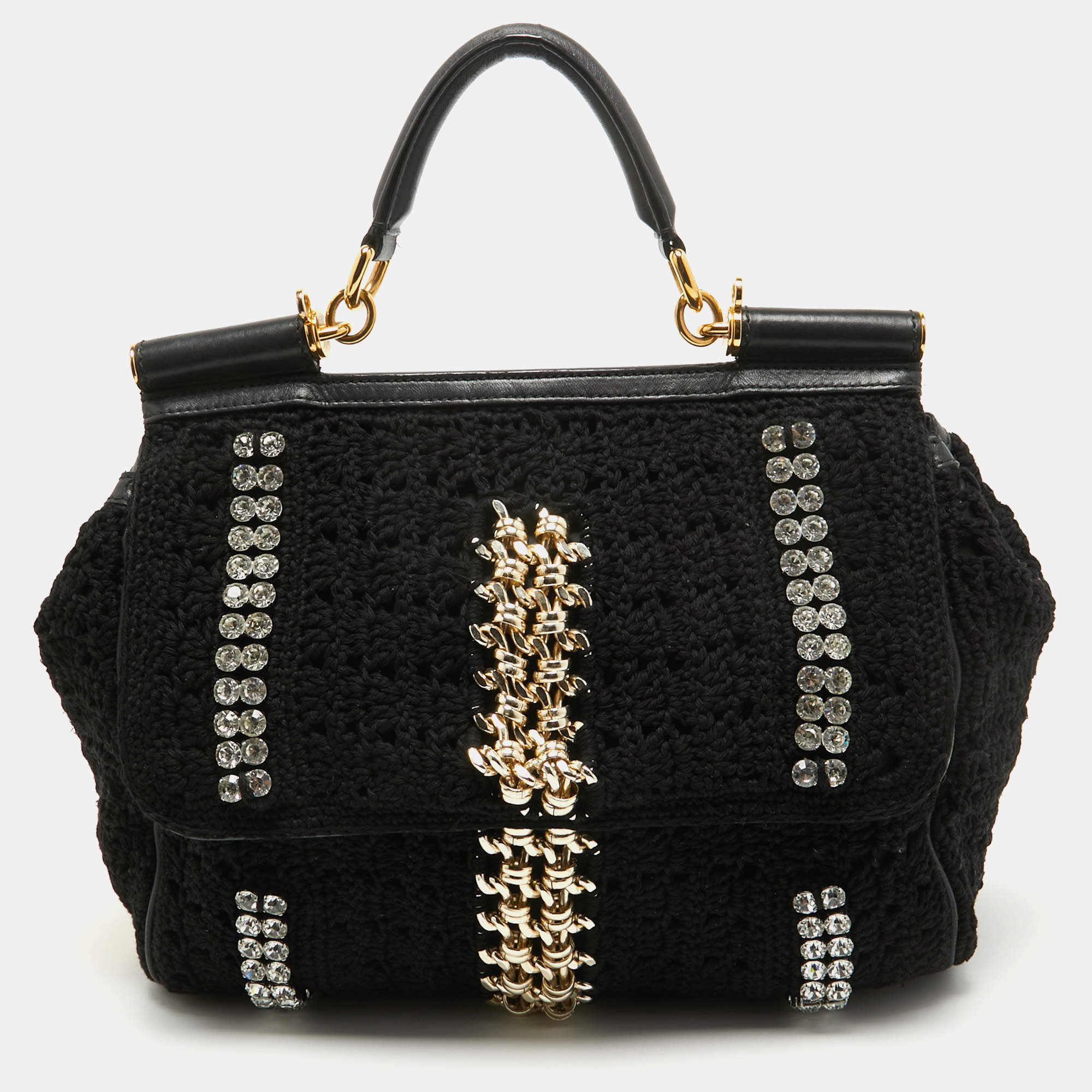 Pre Owned Dolce & Gabbana Black Crochet Fabric Large Crystal and Chain Miss Sicily Top Handle Bag