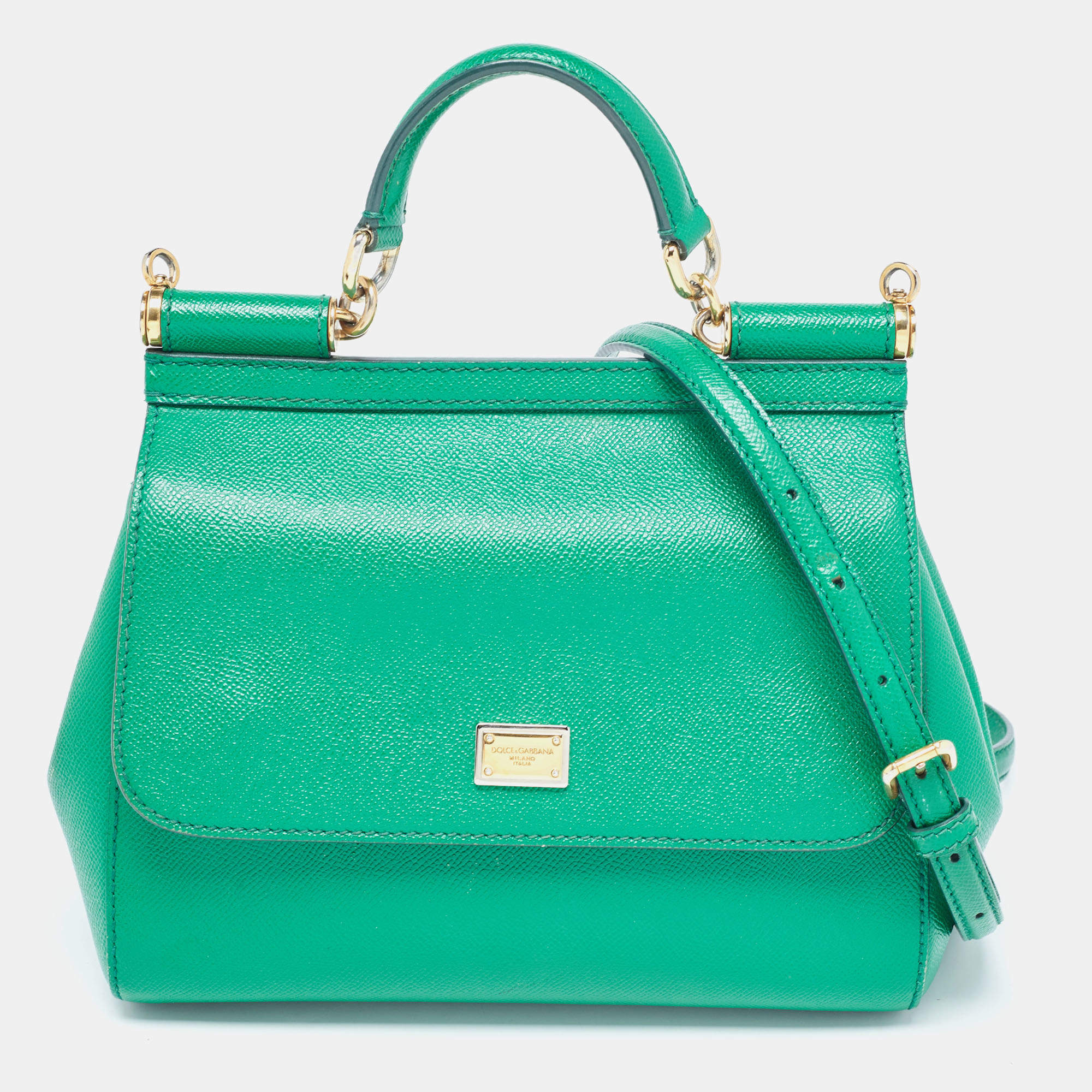 Pre Owned Dolce & Gabbana Green Leather Medium Miss Sicily Top Handle Bag