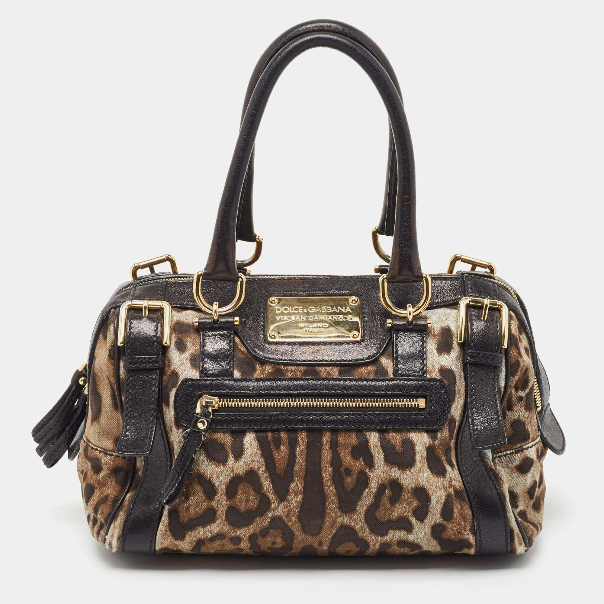 مملوكة مسبقًا Dolce & Gabbana Black/Brown Leopard Print Canvas Miss Easy Way Satchel
