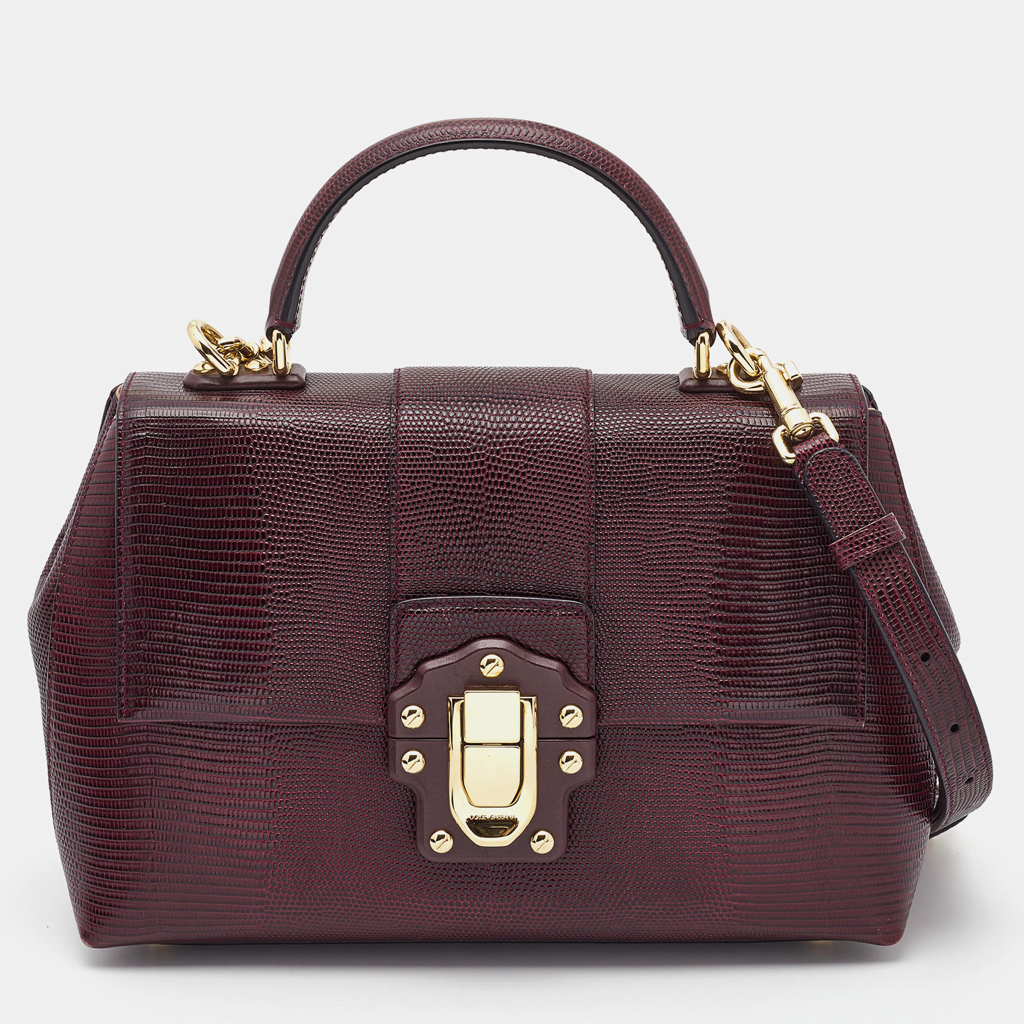 Pre Owned Dolce & Gabbana Burgundy Lizard Embossed Leather Medium Lucia Top Handle Bag