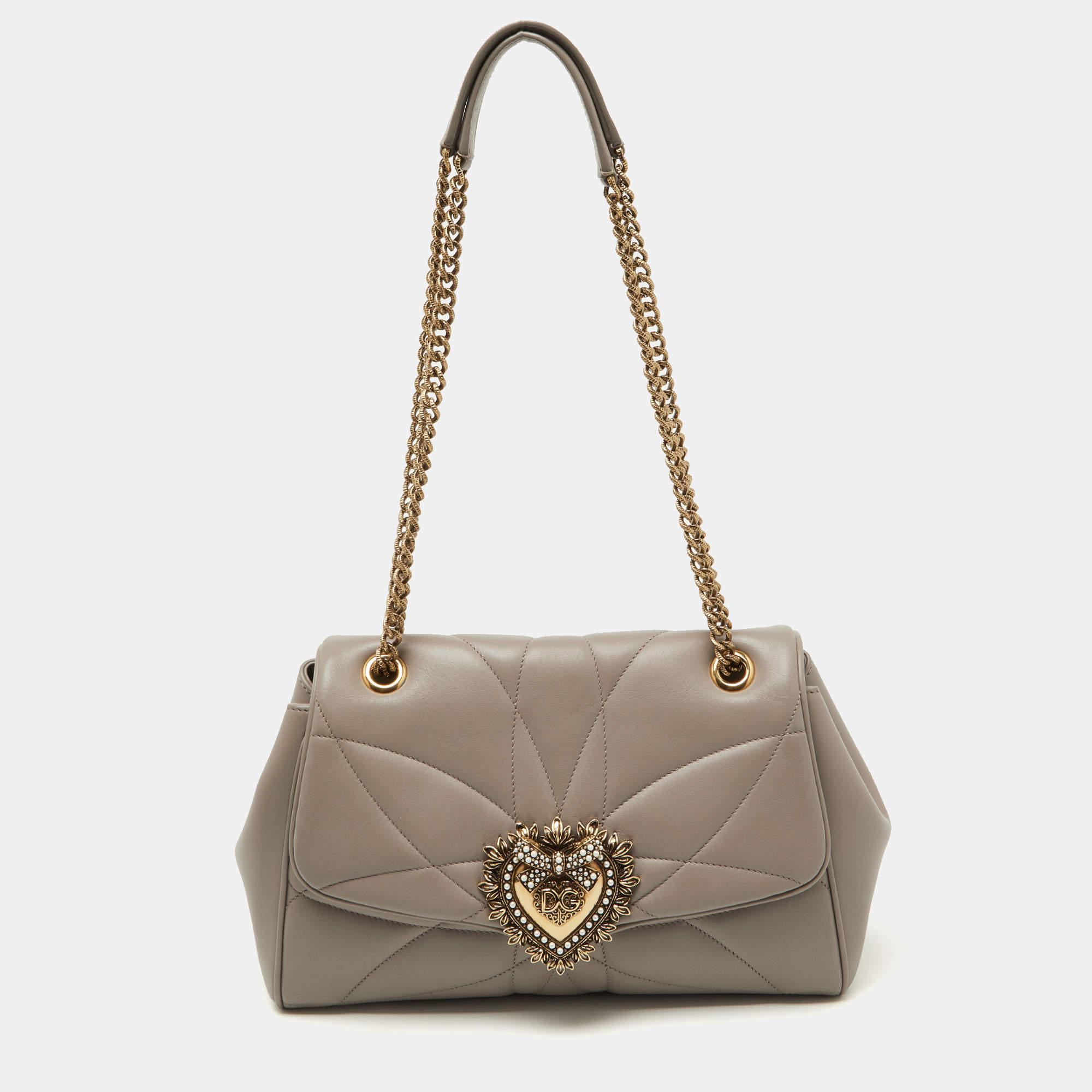 Pre Owned Dolce & Gabbana Taupe Quilted Nappa Leather Large Devotion Shoulder Bag