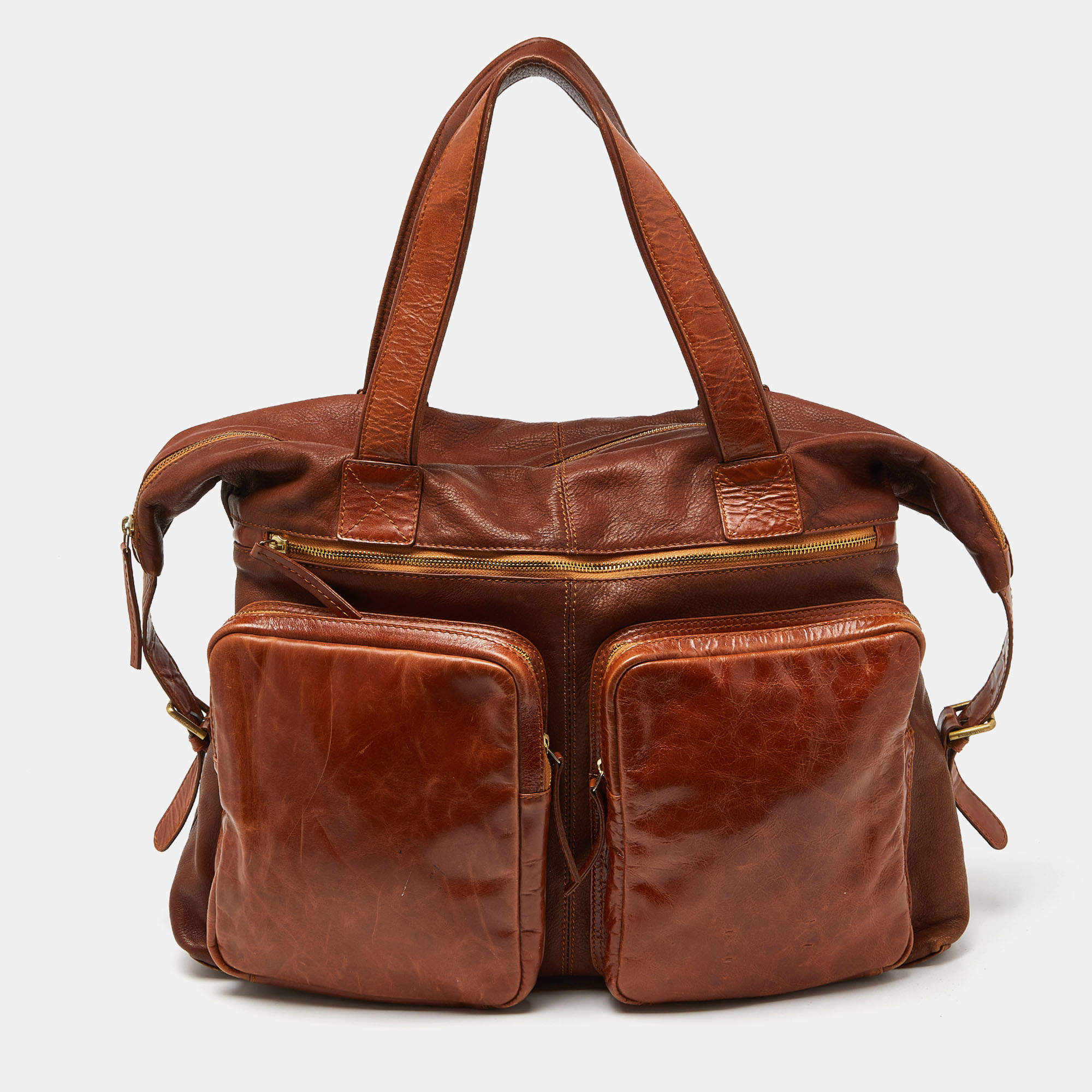 Dolce & Gabbana Tan Leather Double Pocket Weekender Bag