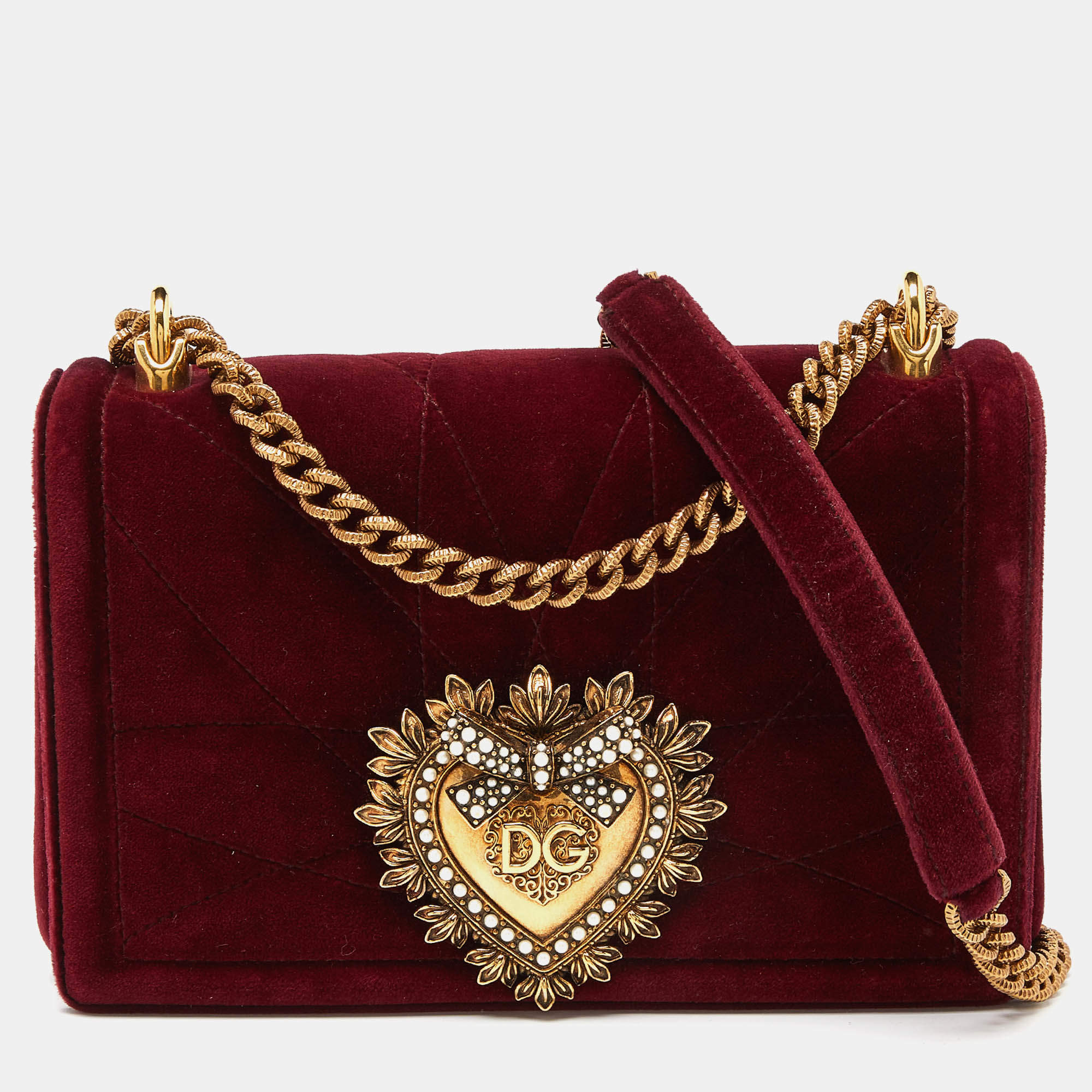 Pre Owned Dolce & Gabbana Maroon Quilted Velvet Devotion Chain Shoulder Bag