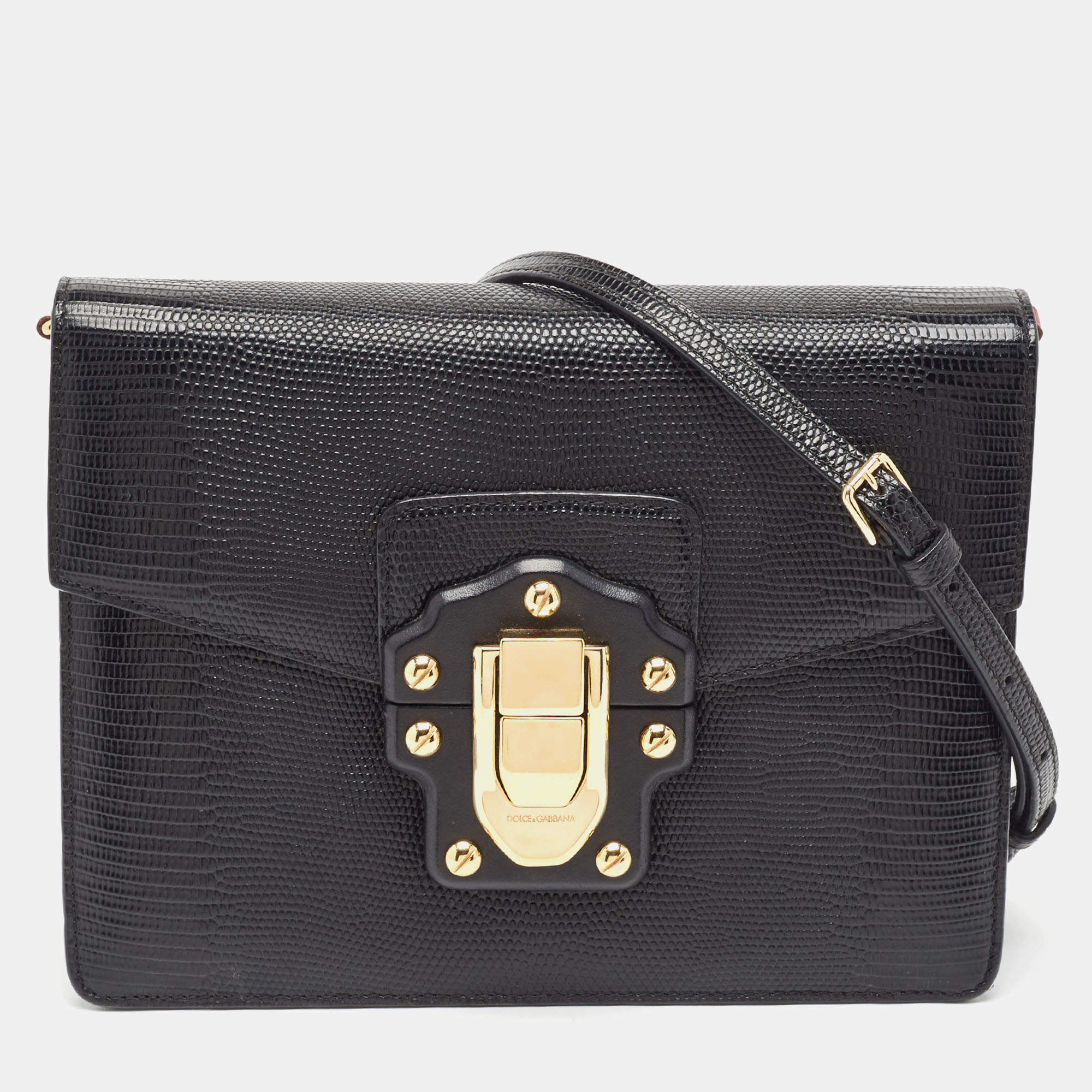 Pre Owned Dolce & Gabbana Black Lizard Embossed Leather Lucia Medium Shoulder Bag