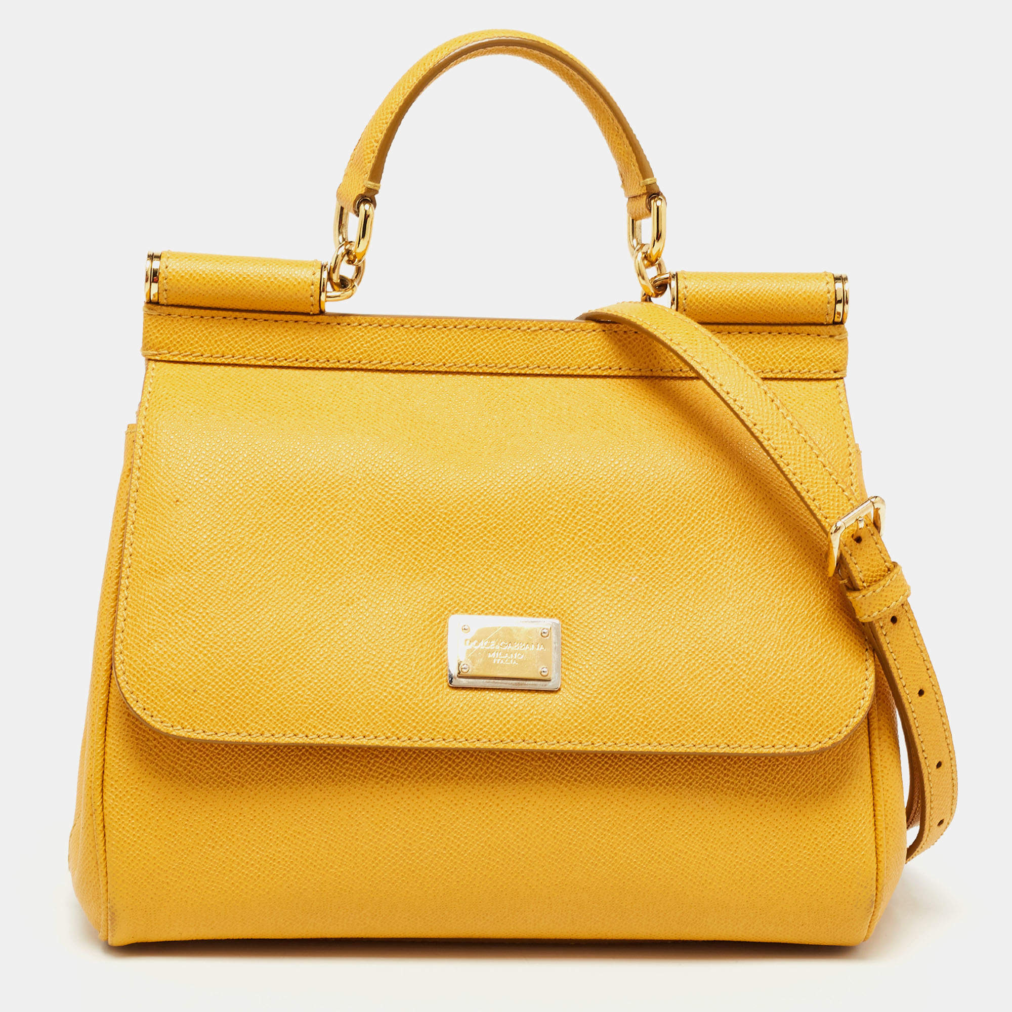 Pre Owned Dolce & Gabbana Yellow Leather Medium Miss Sicily Top Handle Bag