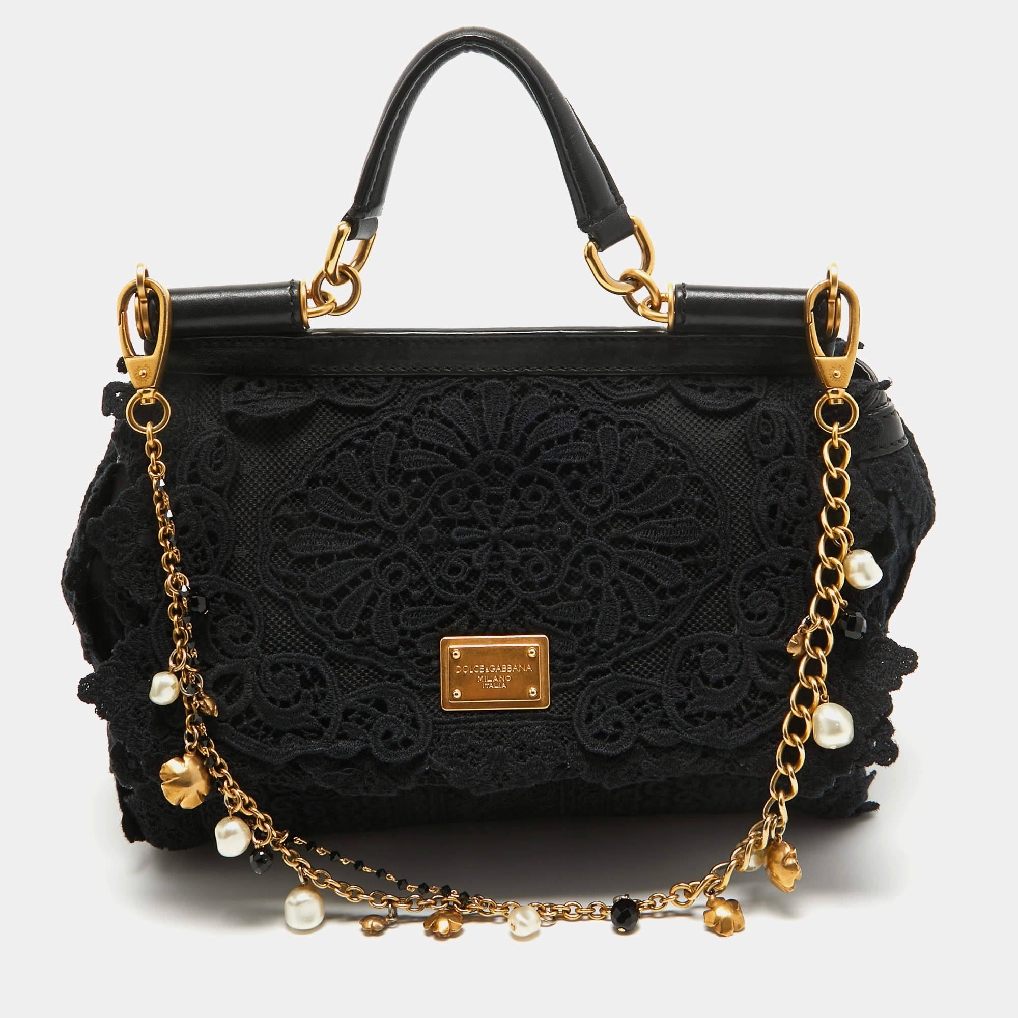 Pre Owned Dolce & Gabbana Black Crochet and  Leather Medium Miss Sicily Top Handle Bag