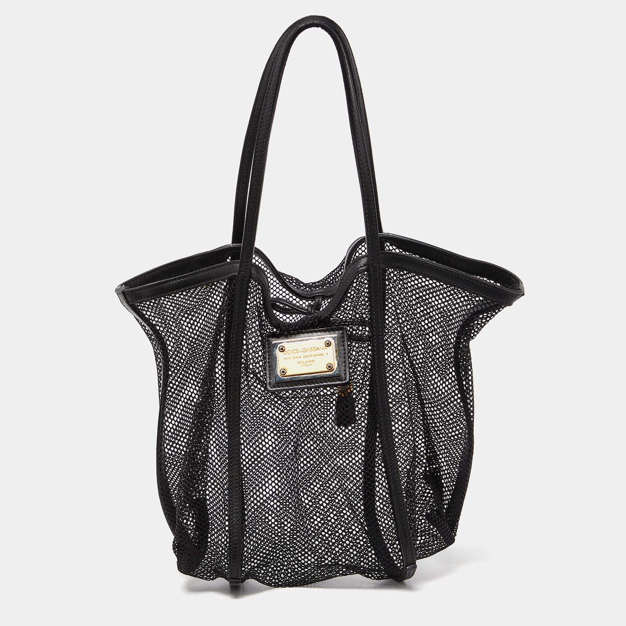 Pre Owned Dolce & Gabbana Black Mesh and Leather Open Tote