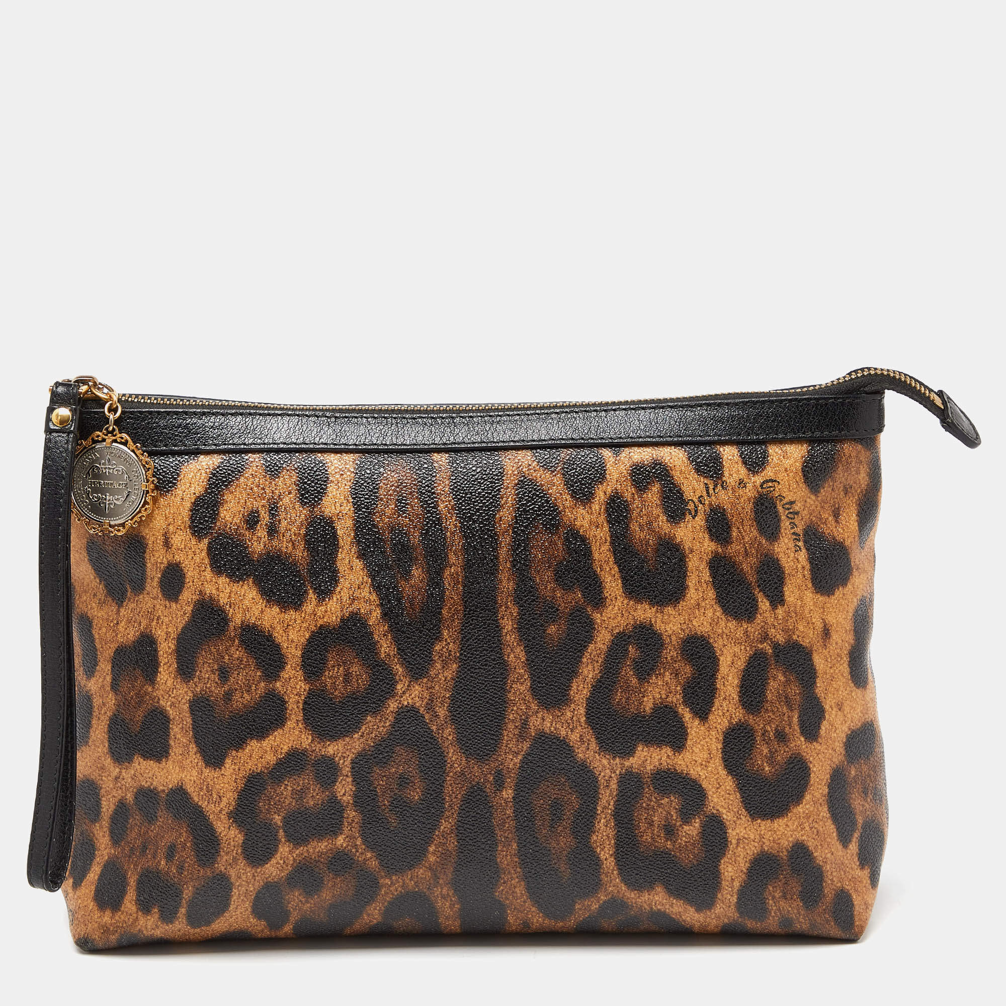 Pre Owned Dolce & Gabbana Brown/Black Leopard Print Coated Canvas and Leather Wristlet Pouch