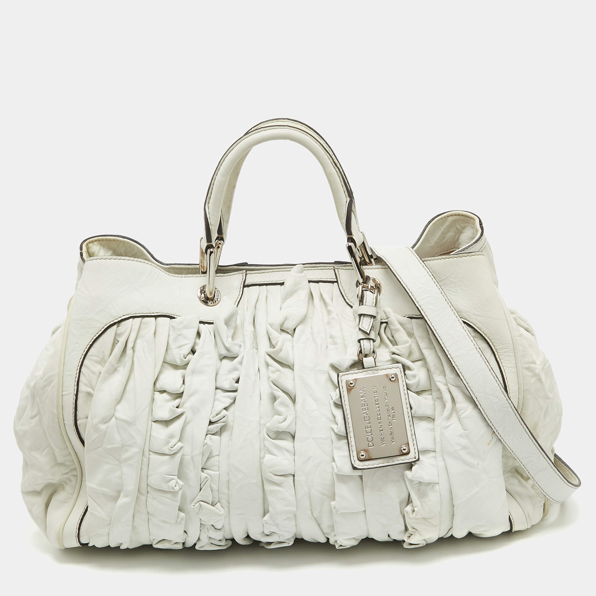 Pre Owned Dolce & Gabbana White Leather Ruffle Miss Brooke Satchel