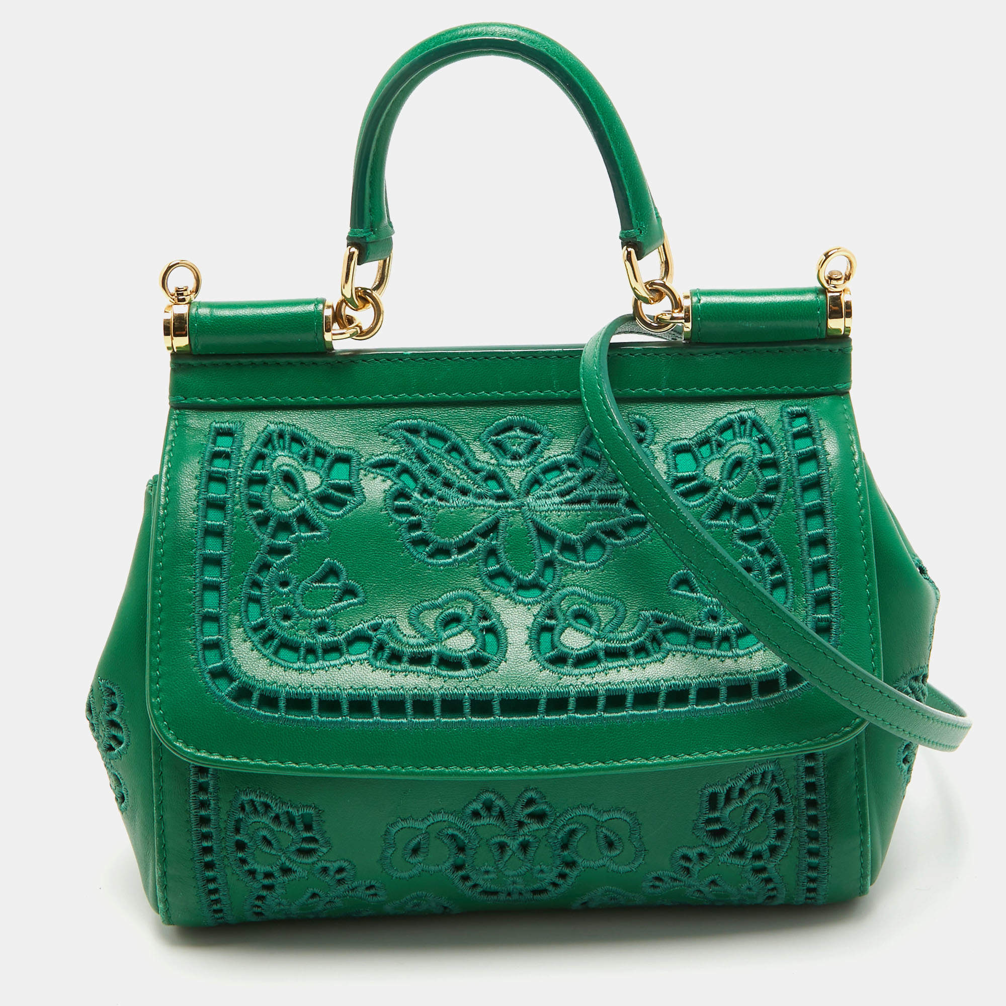 Pre Owned Dolce & Gabbana Green Leather Small Embroidered Miss Sicily Top Handle Bag