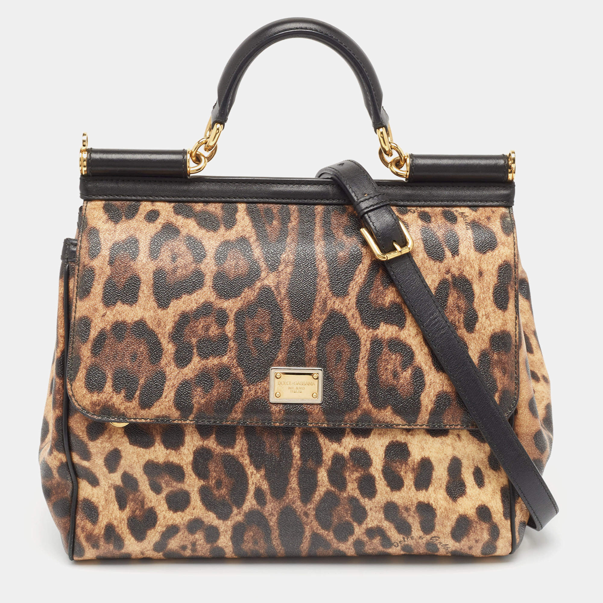 Pre Owned Dolce & Gabbana Brown/Black Leopard Print Coated Canvas and Leather Large Miss Sicily Top Handle Bag