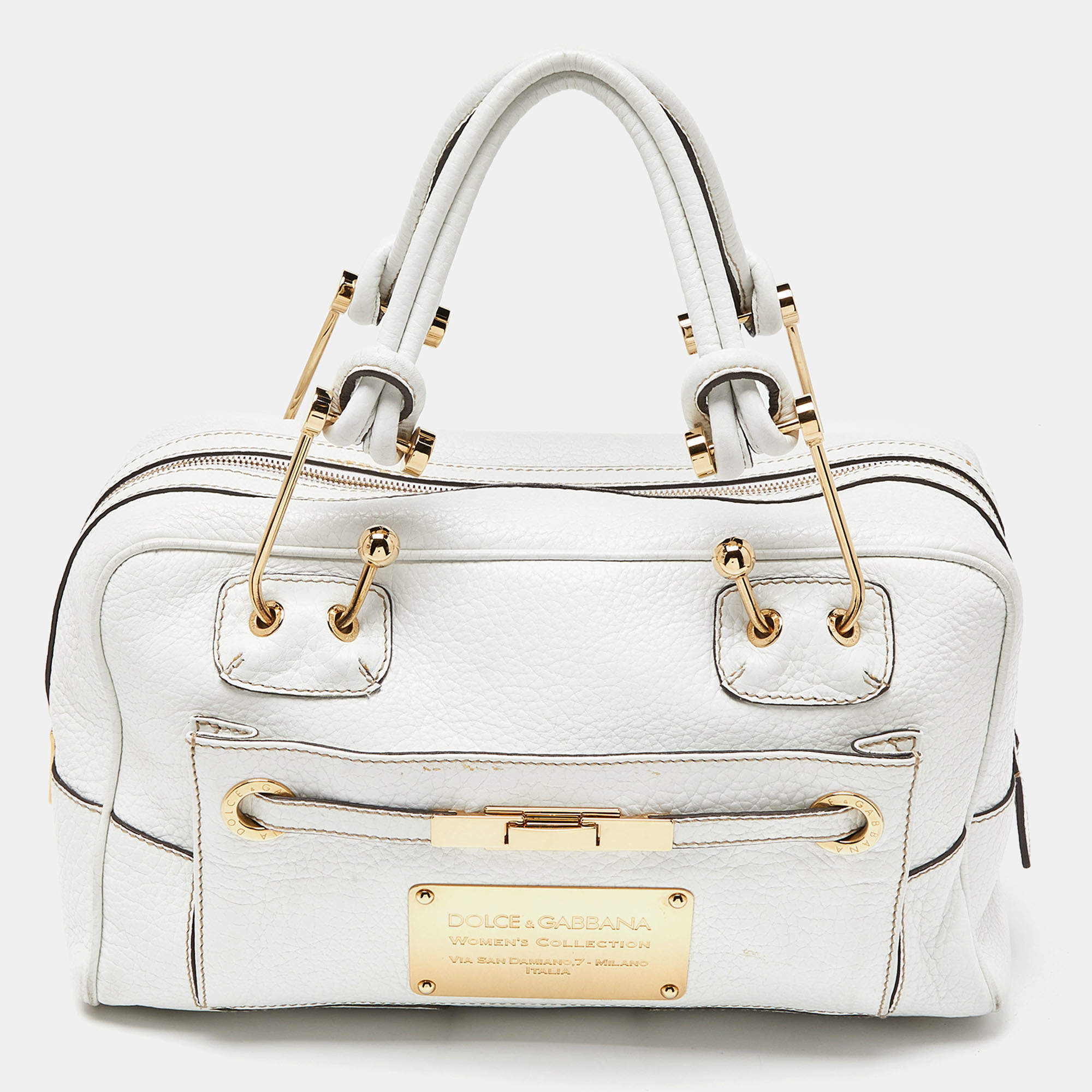 Pre Owned Dolce & Gabbana White Leather Buckle Satchel