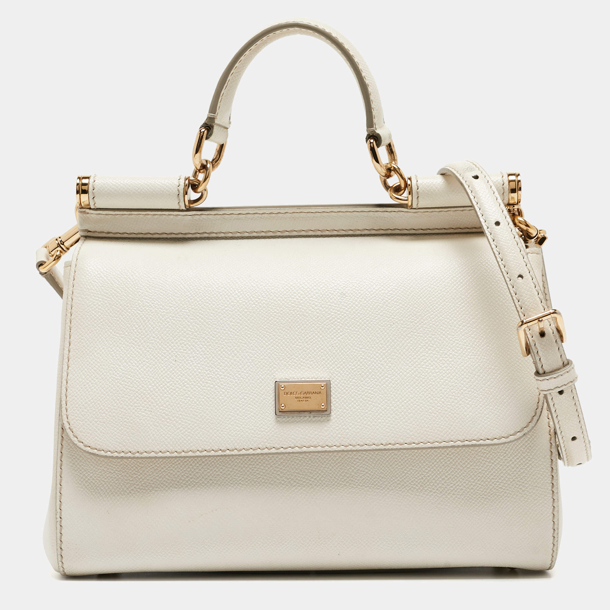 Pre Owned Dolce & Gabbana White Leather Medium Miss Sicily Handle Bag