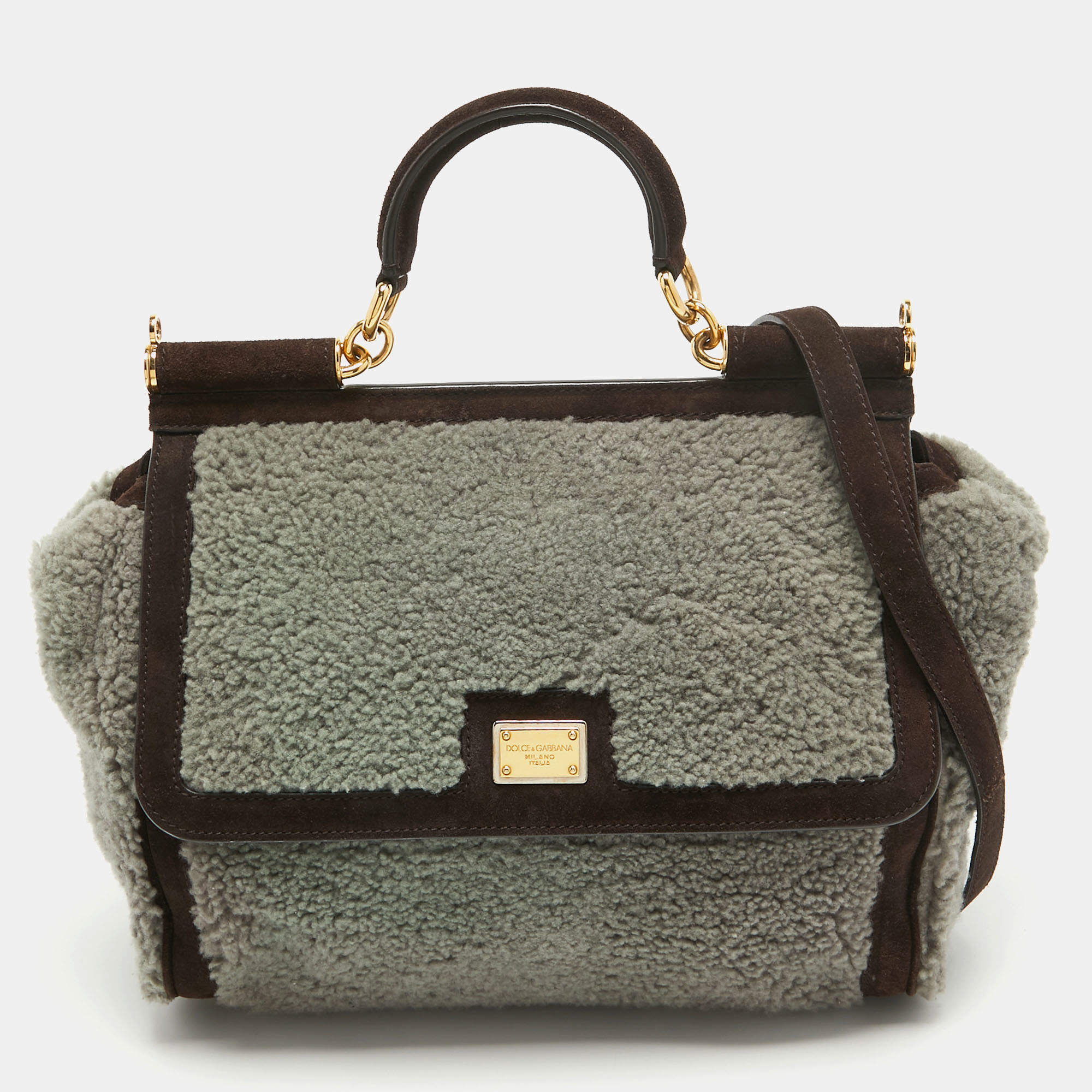 Pre Owned Dolce & Gabbana Brown/Grey Suede and Shearling Large Miss Sicily Top Handle Bag