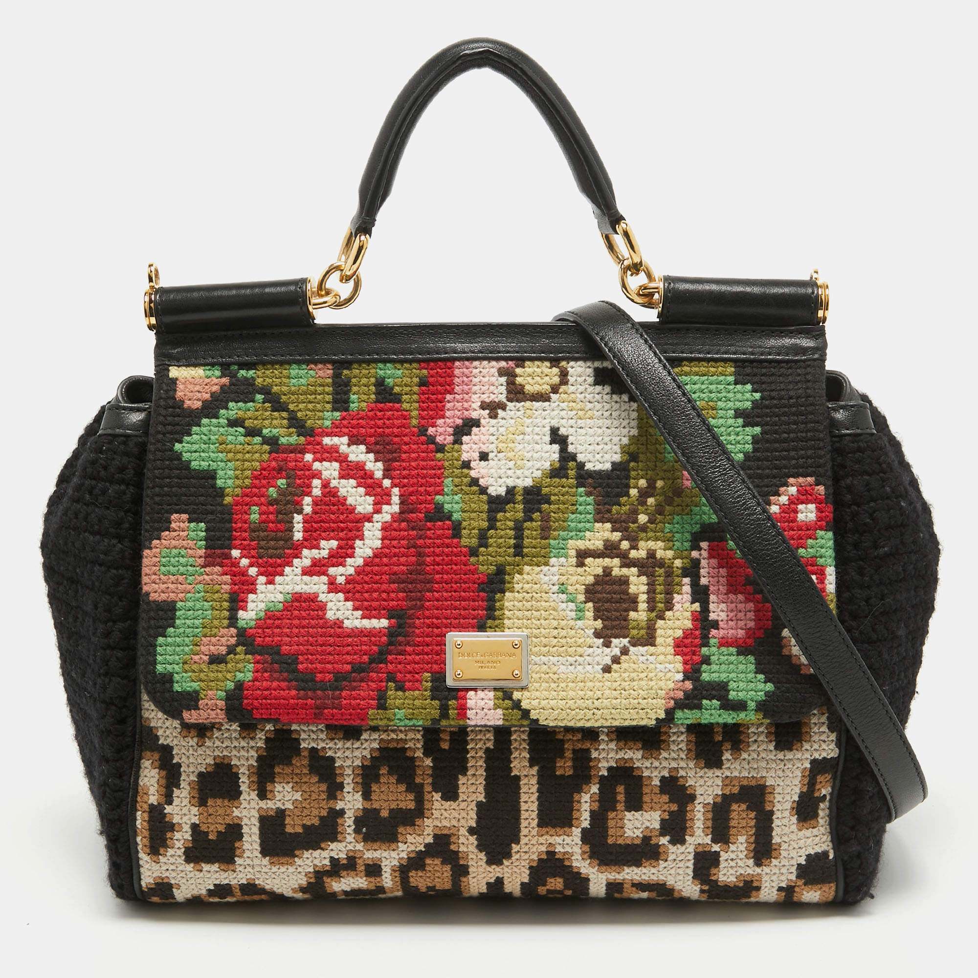 Pre Owned Dolce & Gabbana Multicolor Embroidered Crochet and Leather Large Miss Sicily Top Handle Bag