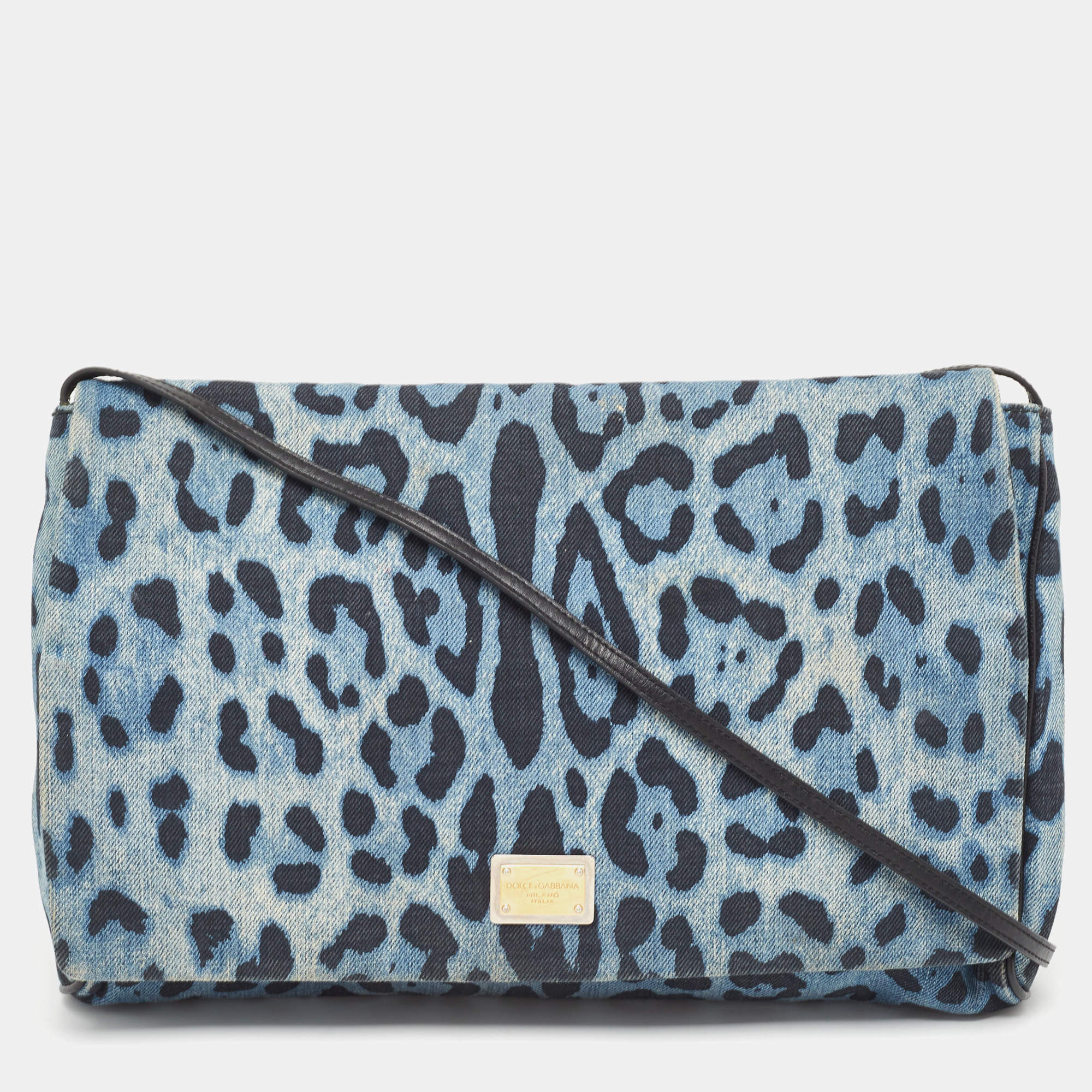 Pre Owned Dolce & Gabbana Blue/Black Leopard Print Denim Flap Shoulder Bag
