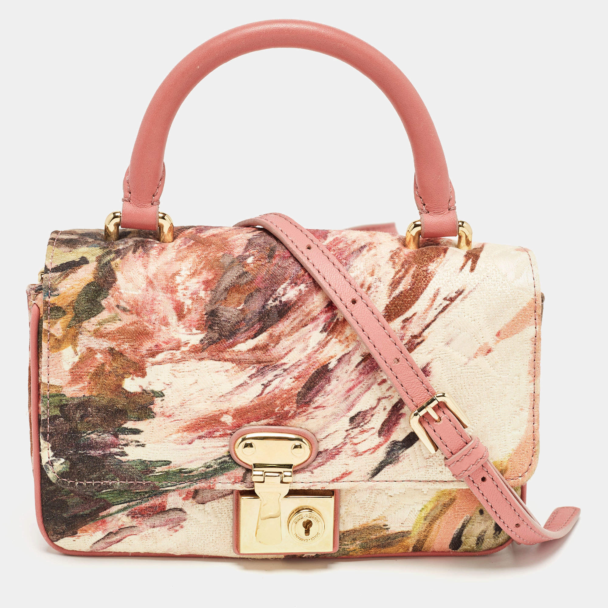 Pre Owned Dolce & Gabbana Multicolor Floral Print Fabric and Leather Tapestry Lock Top Handle Bag